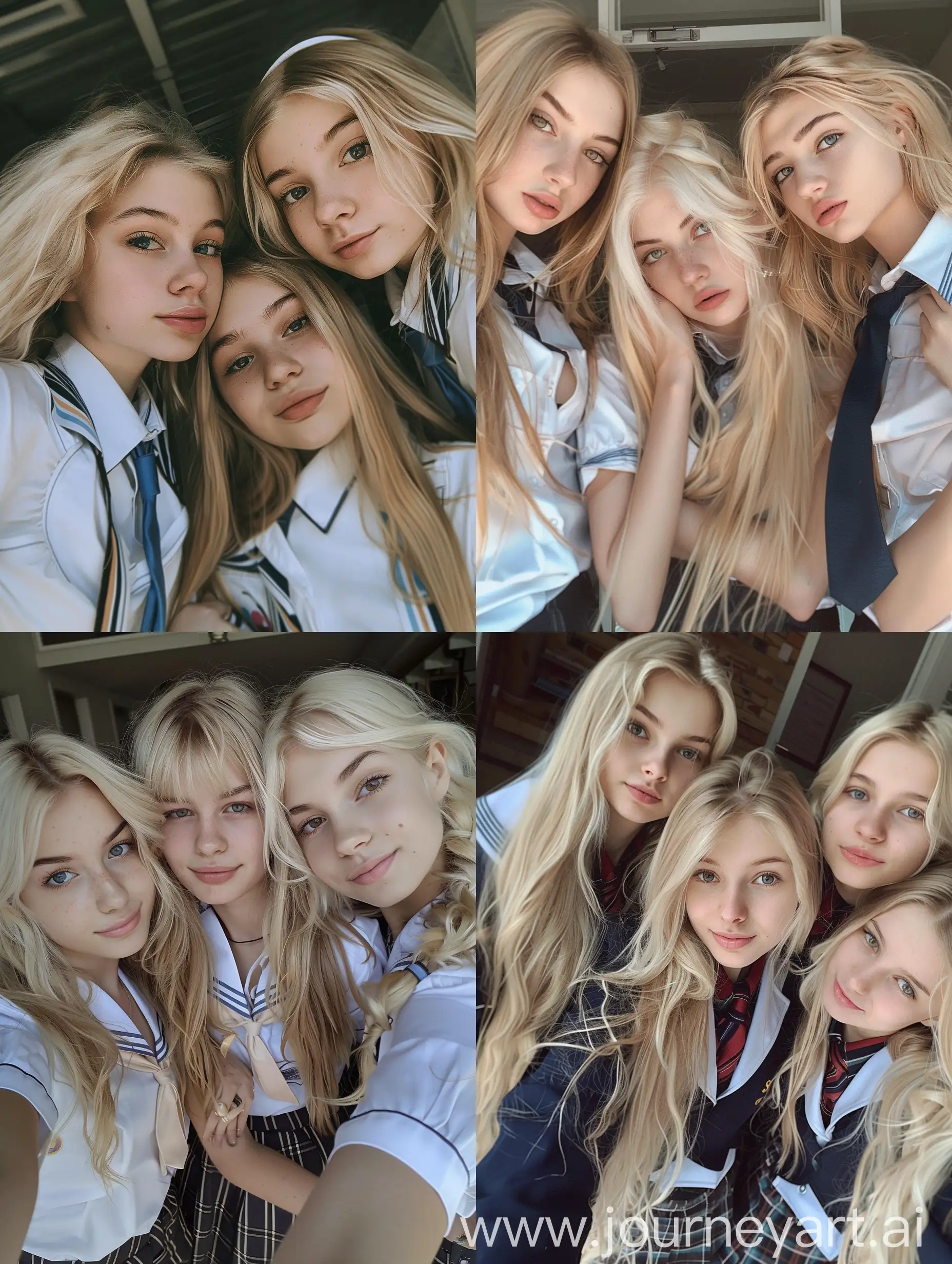 3 young girls, 22 years old, blonde long hair, selfie, iphone selfie, school uniform , makeup, up view