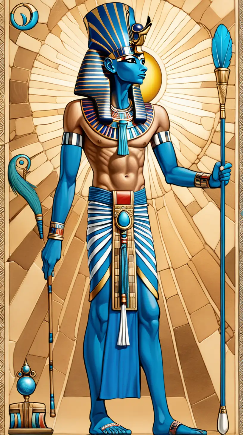 Amun's Appearance:
Amun is typically depicted as a blue-skinned man with a long, feathered headdress.
You can specify the style of the headdress (e.g., adorned with a sun disk and two tall plumes)
He often wears a short kilt and carries a staff in his hand.
Background:
You can choose a background that reflects Amun's association with creation and the sun.
This could be a vibrant sunrise, a starry night sky, or even a scene depicting the Egyptian cosmos.
Style:
Experiment with different artistic styles to match the tone of your video.
You can go for a hyper-realistic portrait, a more stylized depiction inspired by ancient Egyptian art, or even a blend of both.


