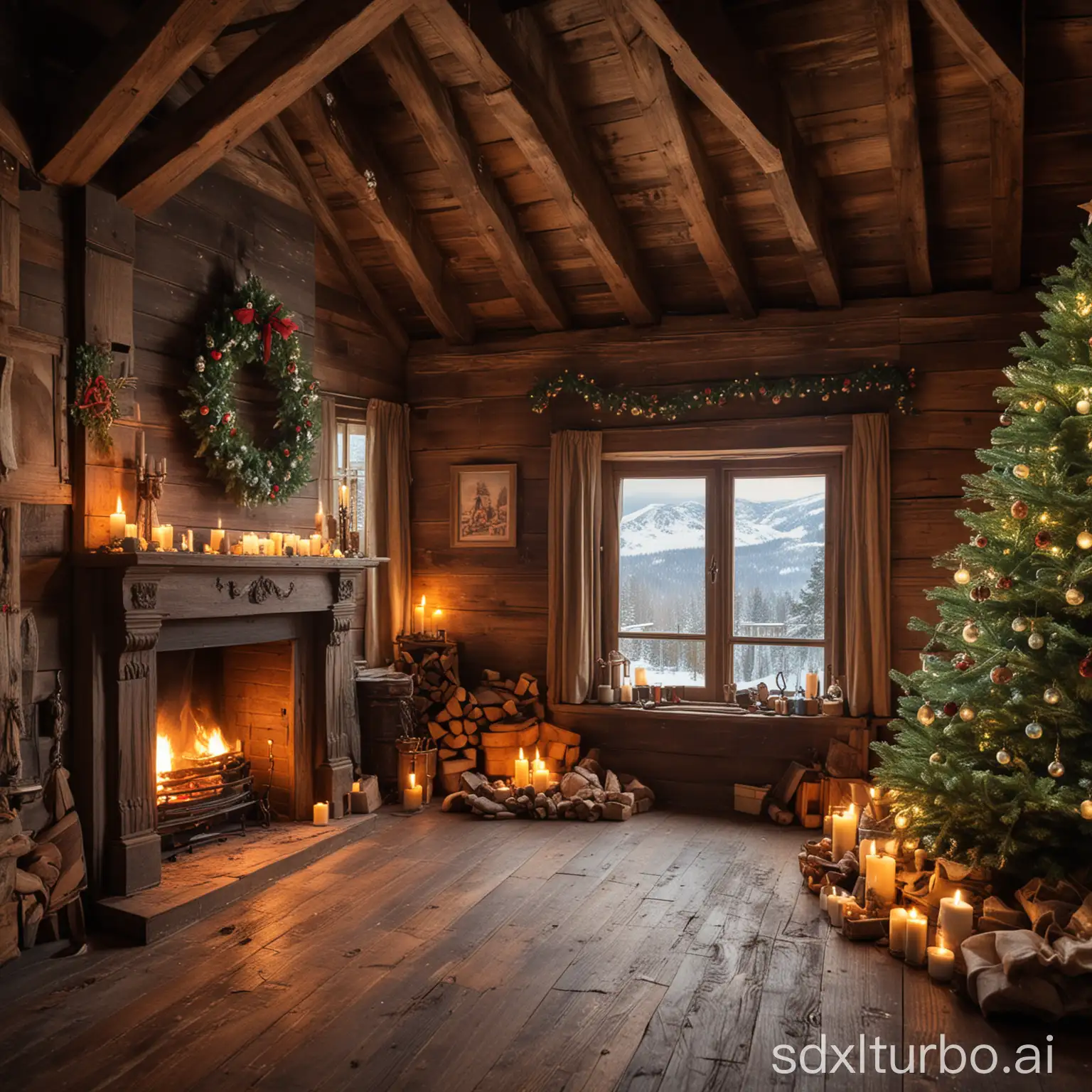 Romantisches Bild einer alten möblierten Stube aus Holz mit einem chemine mit einem Christbaum auf dem sich der Schmuck befindet und auf dem die Kerzen Brennen, aus dem Fenster sieht man die Weissen berge