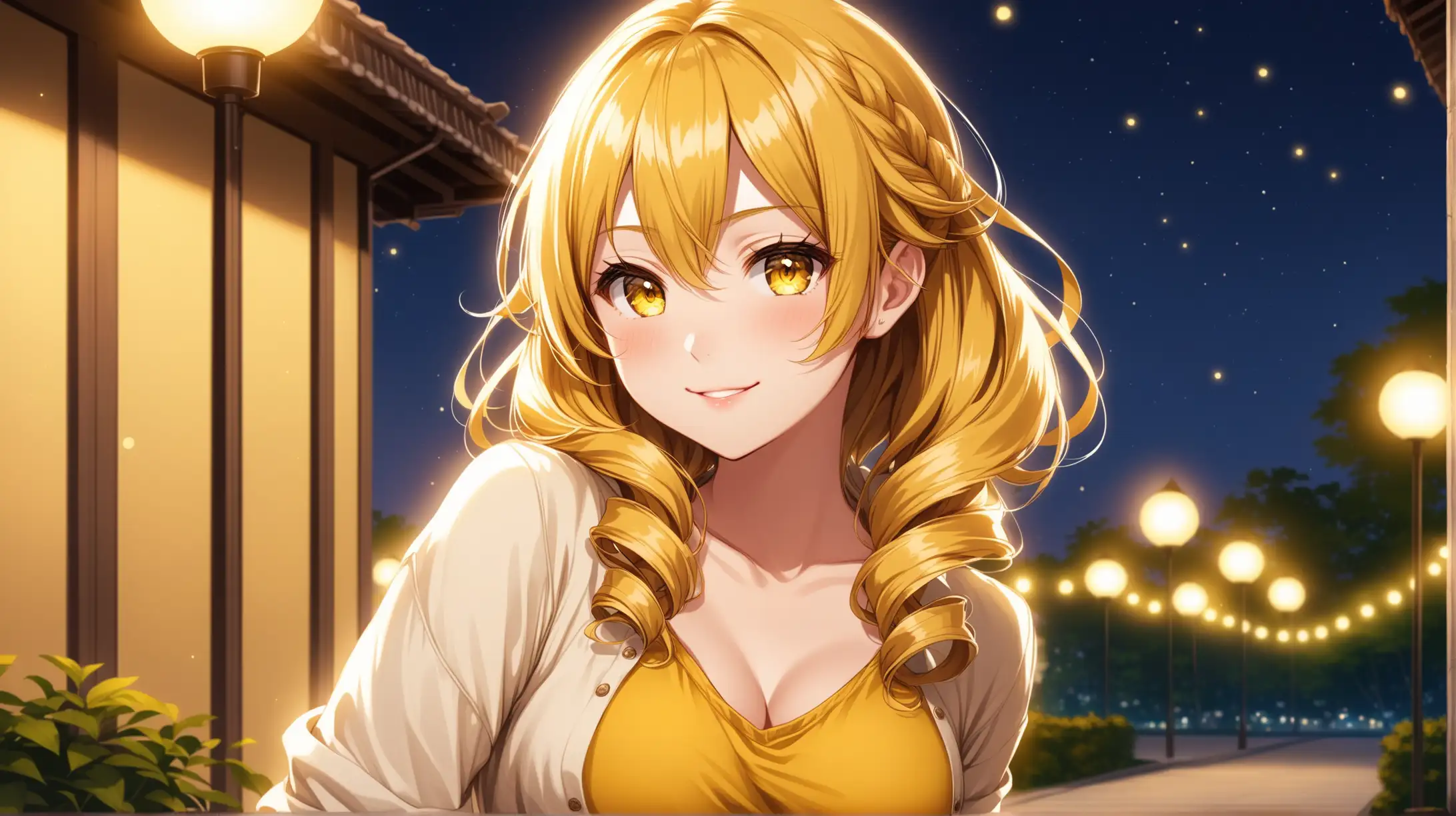 Draw the character Mami Tomoe, blonde, drill hair, yellow eyes, high quality, ambient lighting, long shot, outdoors, seductive pose, casual outfit, smiling at the viewer