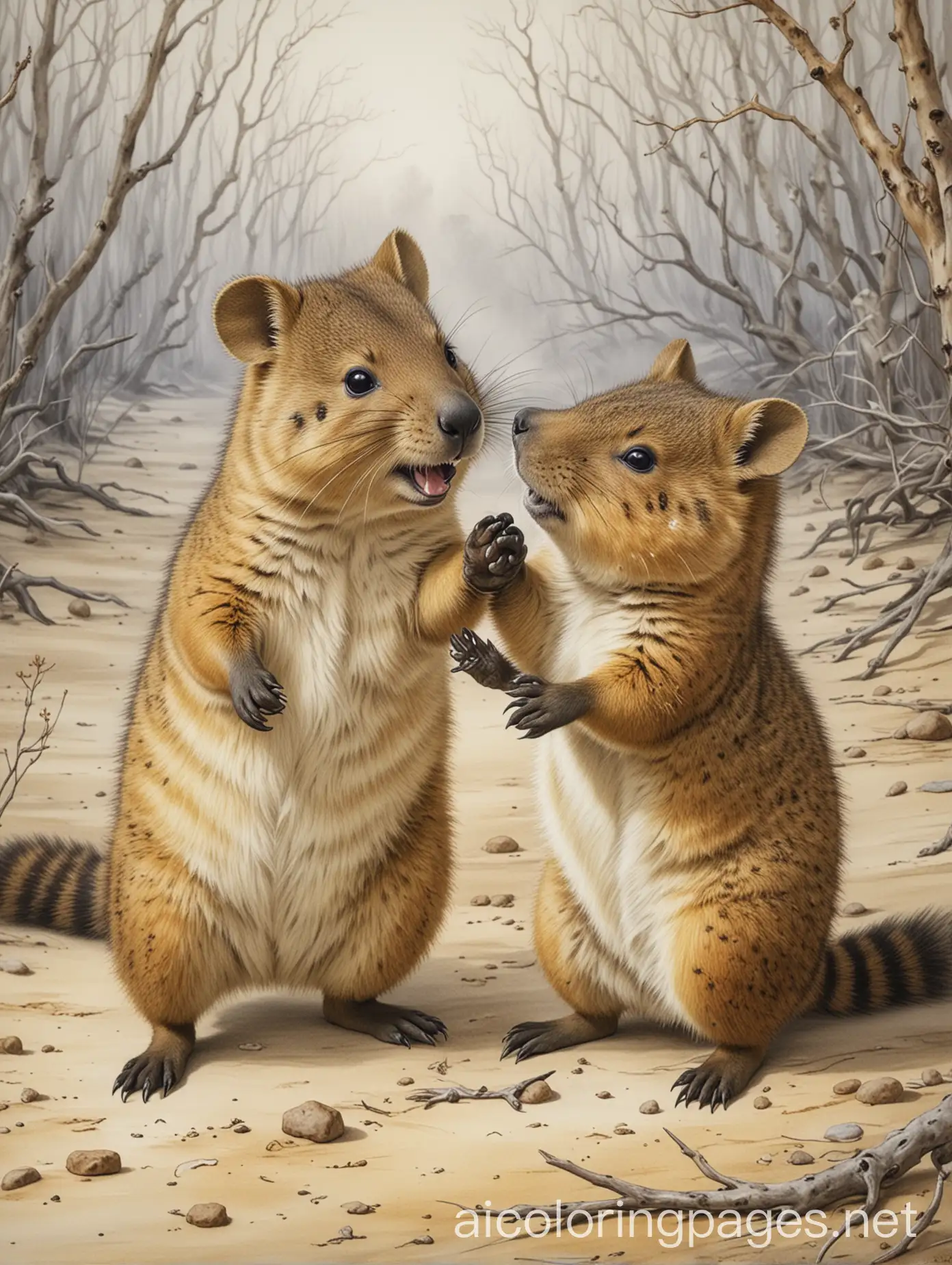 Quokkas playing in Australia, painted by Arthur Rackham, highly detailed ,elegant, intricate oil on canvas, very attractive, beautiful high definition ,crisp quality, Coloring Page, black and white, line art, white background, Simplicity, Ample White Space. The background of the coloring page is plain white to make it easy for young children to color within the lines. The outlines of all the subjects are easy to distinguish, making it simple for kids to color without too much difficulty