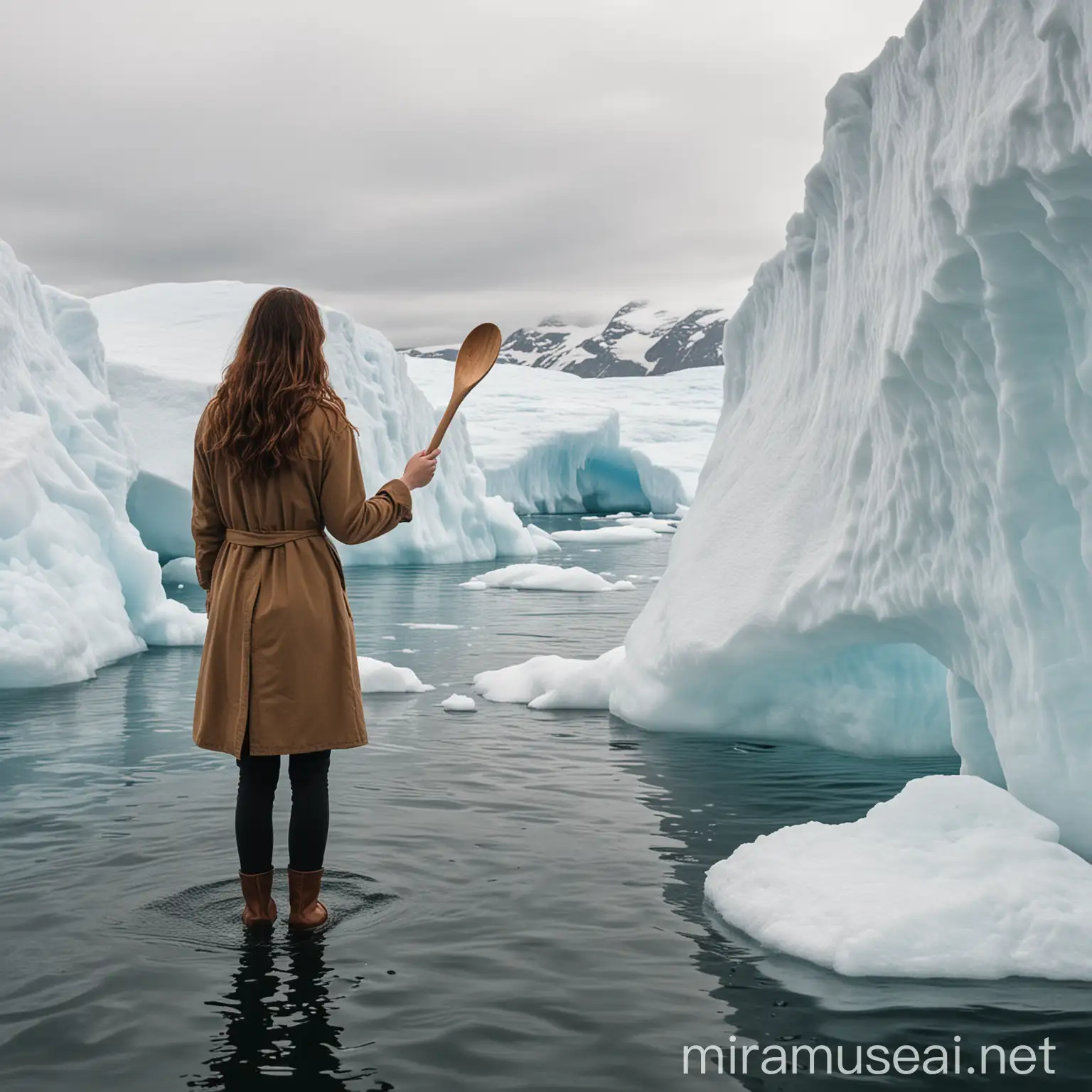 a woman with wavy brown hair from behind standing on an iceberg with a wooden spoon trying to break an iceberg

