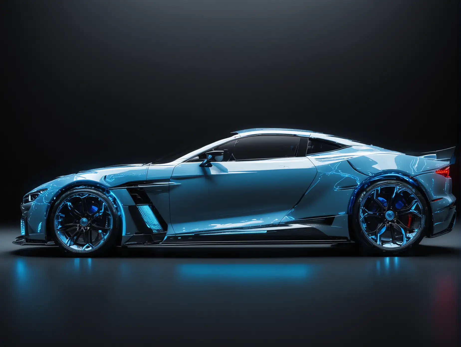 futuristic luxury sports car in vivid colors seen from the side on a black background, illuminated from below and above with blue-white lights