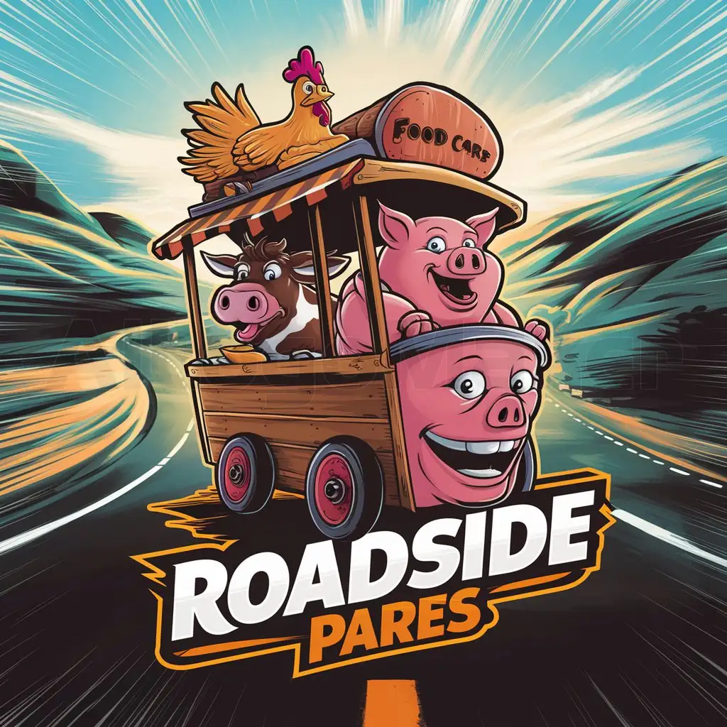 a logo design,with the text "Roadside Pares", main symbol:Food cart, pig driving, cow as passenger and chicken on the roof holding tight,complex,clear background