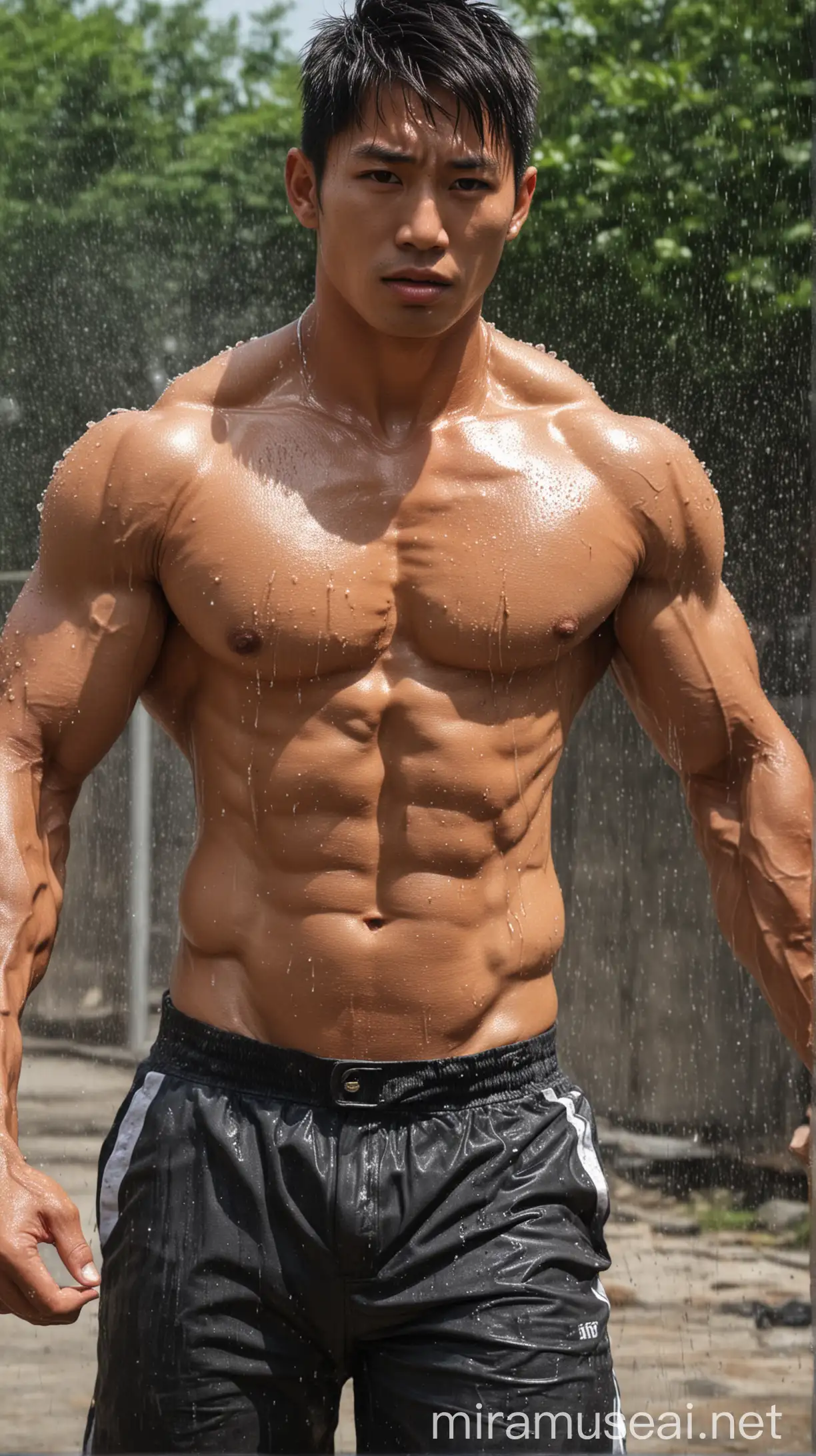 Hot Asian man, bodybuilder, diesel model, sweating in a hot day