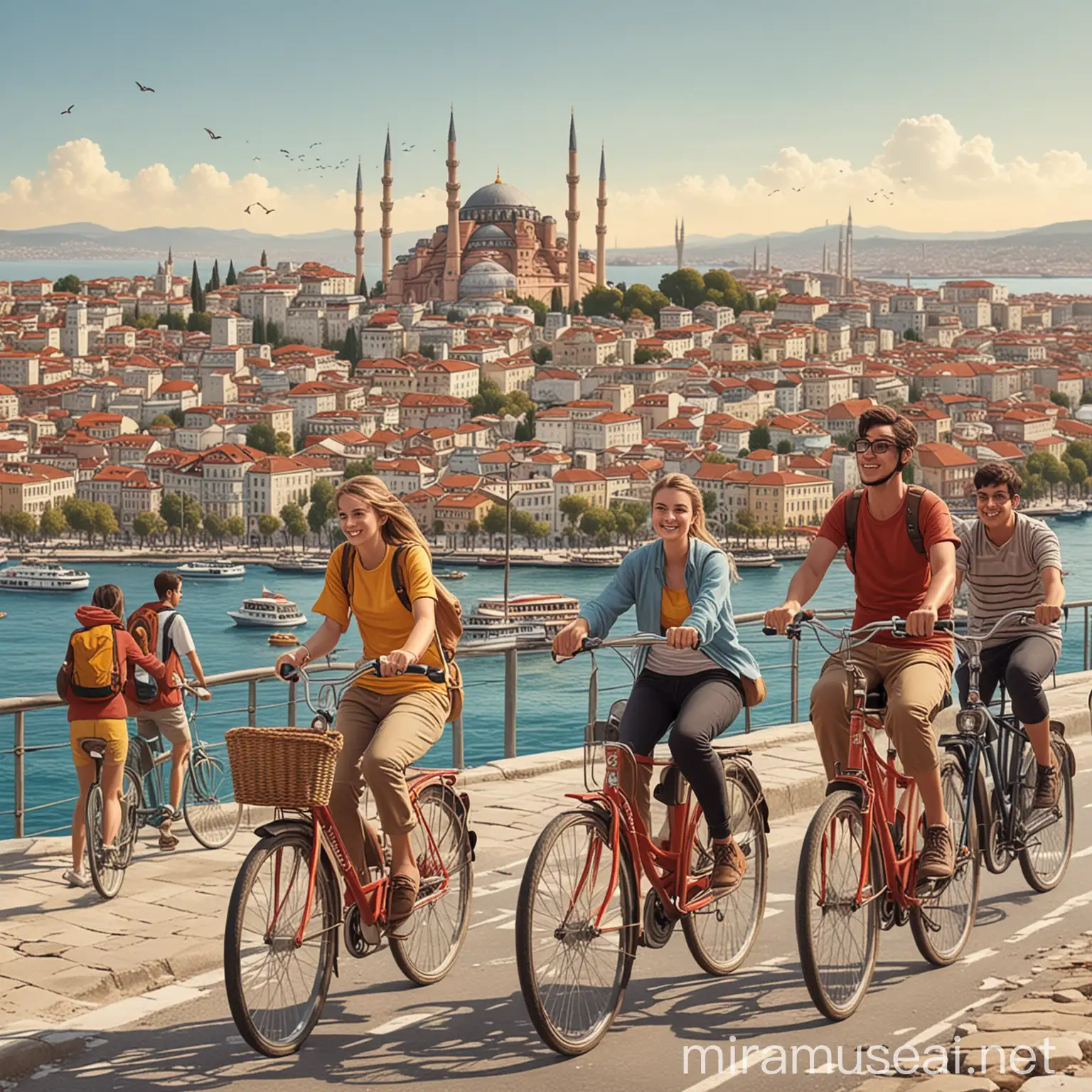 Bicycle Touring Students Explore Istanbul Captivating Distant View Illustration