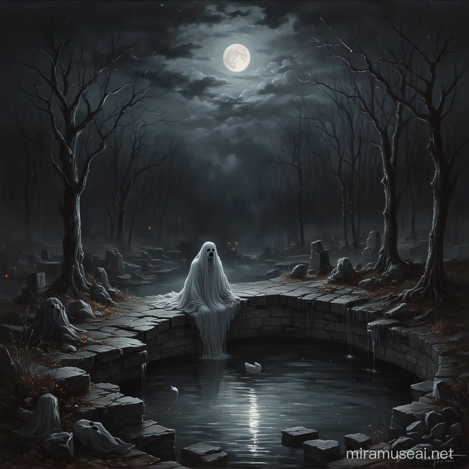 Mysterious Nighttime Encounter Ghostly Figure by Moonlit Fountain