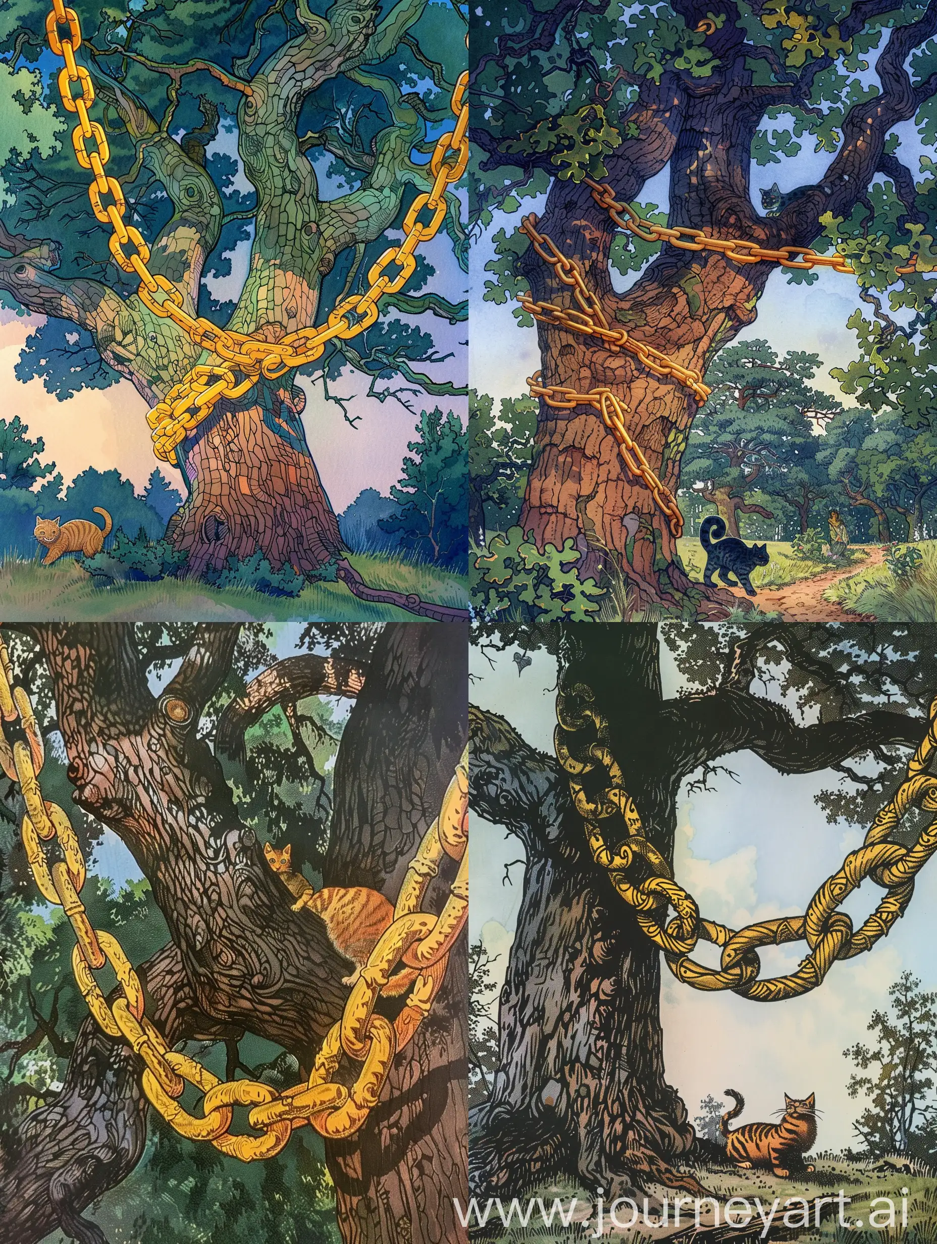 Create an illustration of a Golden chain on an oak tree, both day and night the cat is a scientist, everything walks around the chain. Pushkin's Fairy Tales