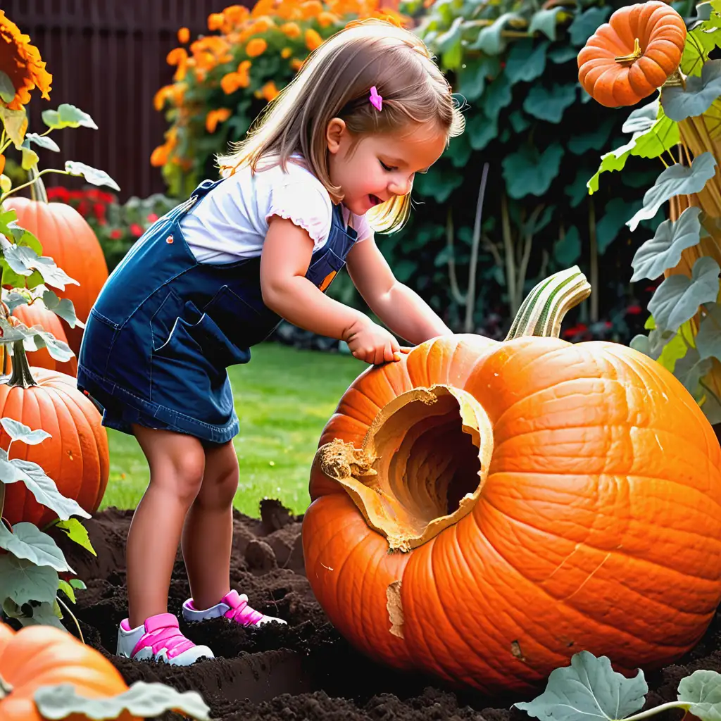 A little girl digging a huge pumpkin in the garden