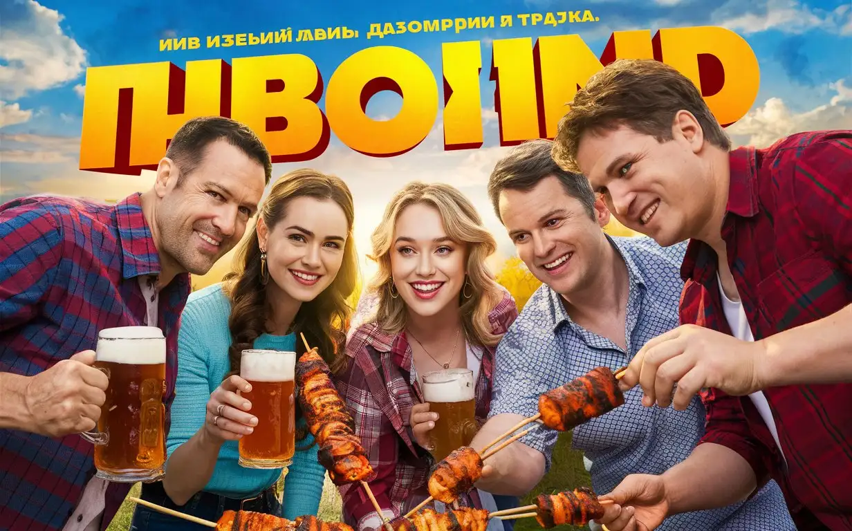 Сделай превью для фильма с названием ''Пиволэнд'',  и что бы было видно самое название на русском языке и чтобы было 5 человек на кадре с пивом в руках и шашлыком 