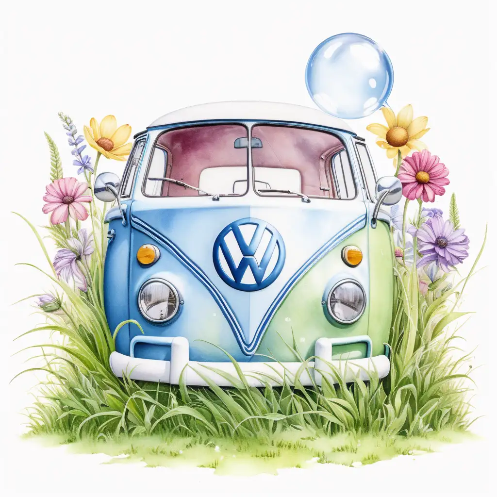 VW Beetle Car Among Watercolor Flowers and Summer Grass
