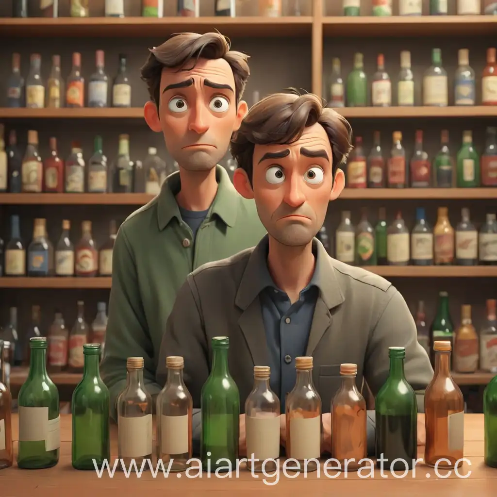 Cartoon-Man-Struggling-to-Choose-Among-Bottles