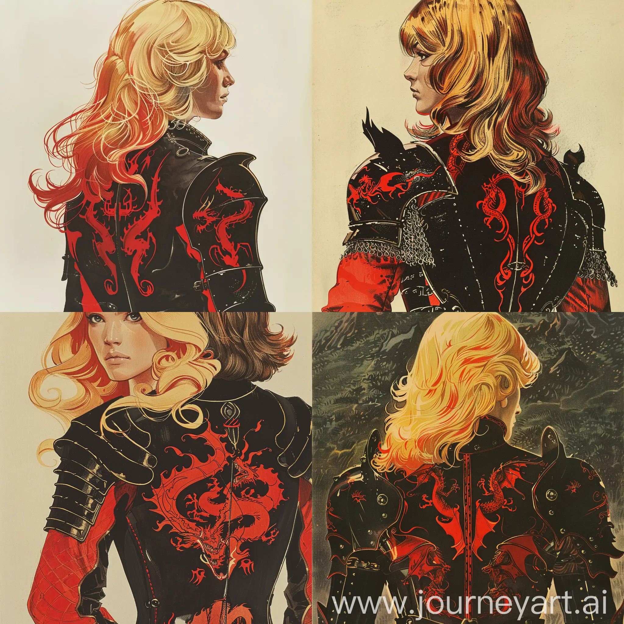 1970's art illustration from dark fantasy books (style). Art illustration of a woman with sun-blond hair, with red highlights. His armor is black with red designs illustrating dragons. Book illustration from 1970, such as illustrations from J.R.R. Tolkien's Lord of the Rings books.