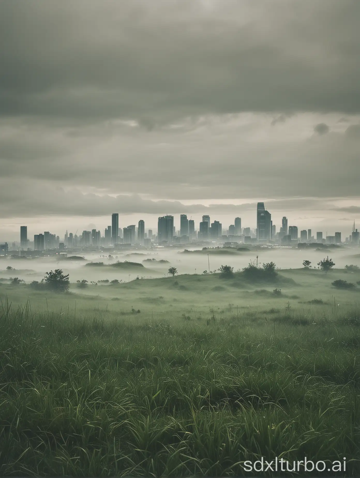 A grassland, clouds block a planet in the sky, the end of the grassland is a future city, fog blocking the city, the city has ultra-high buildings, the distant city has spaceships, cloudy, rainy days, cloudy, days, a real photo pentax 55mm f/1.6 helios-44m
