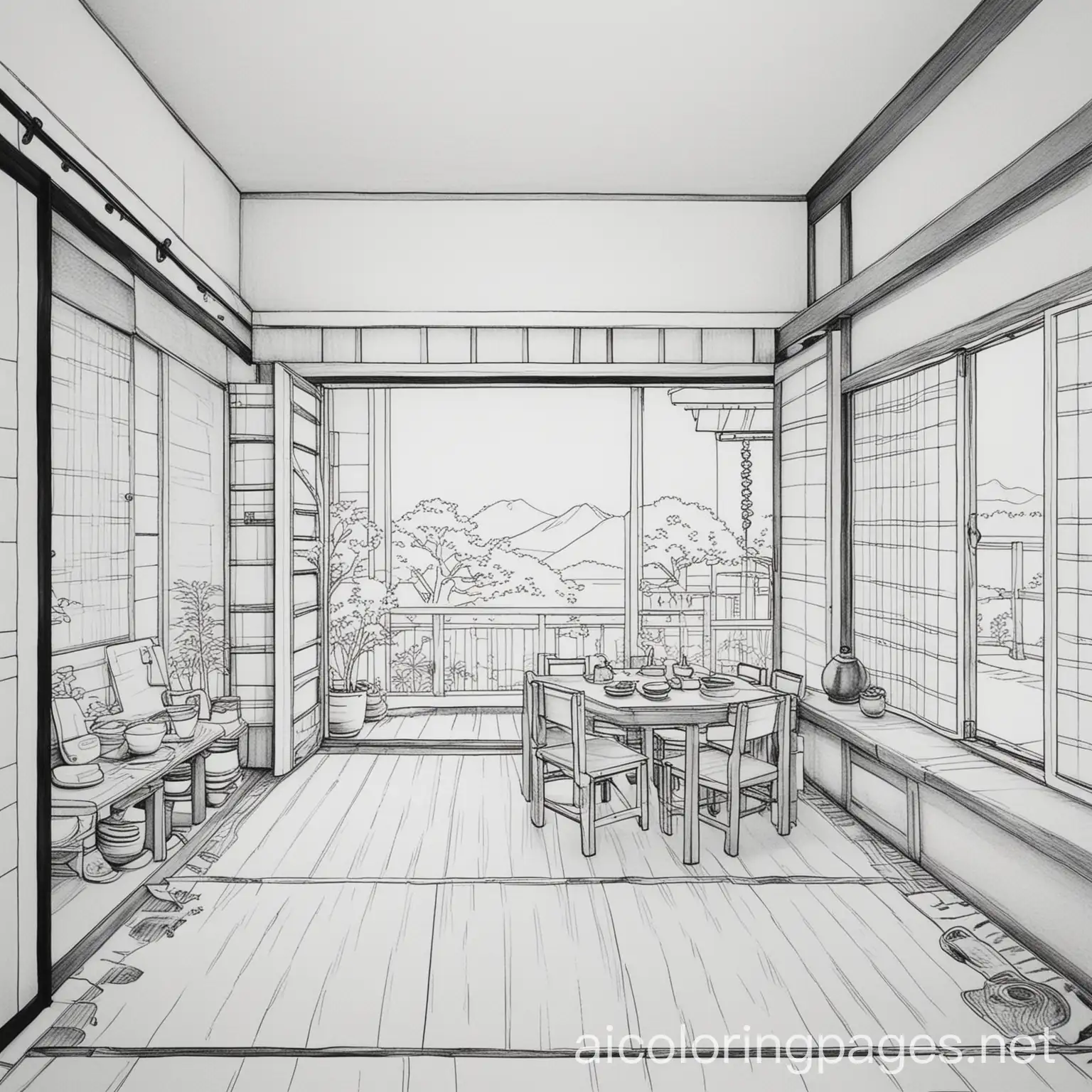 japanese interior house, Coloring Page, black and white, line art, white background, Simplicity, Ample White Space. The background of the coloring page is plain white to make it easy for young children to color within the lines. The outlines of all the subjects are easy to distinguish, making it simple for kids to color without too much difficulty