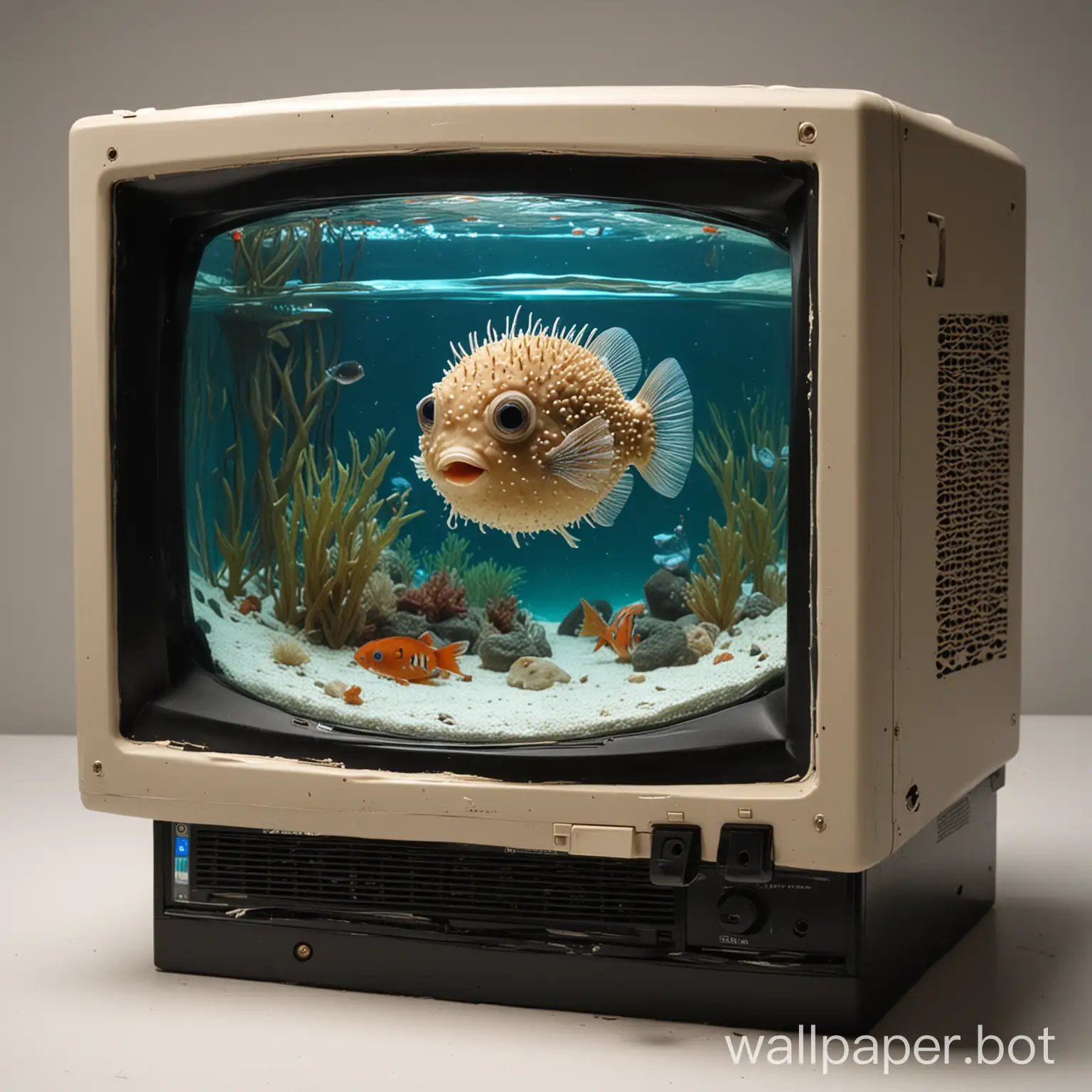 CRT monitor used as a fishbowl for a puffer fish.