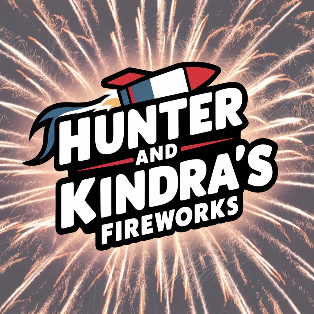 a logo design,with the text "Hunter and Kindra's Fireworks", main symbol:A firework rocket. Cartoon look. Red, white and blue colors,complex,clear background
