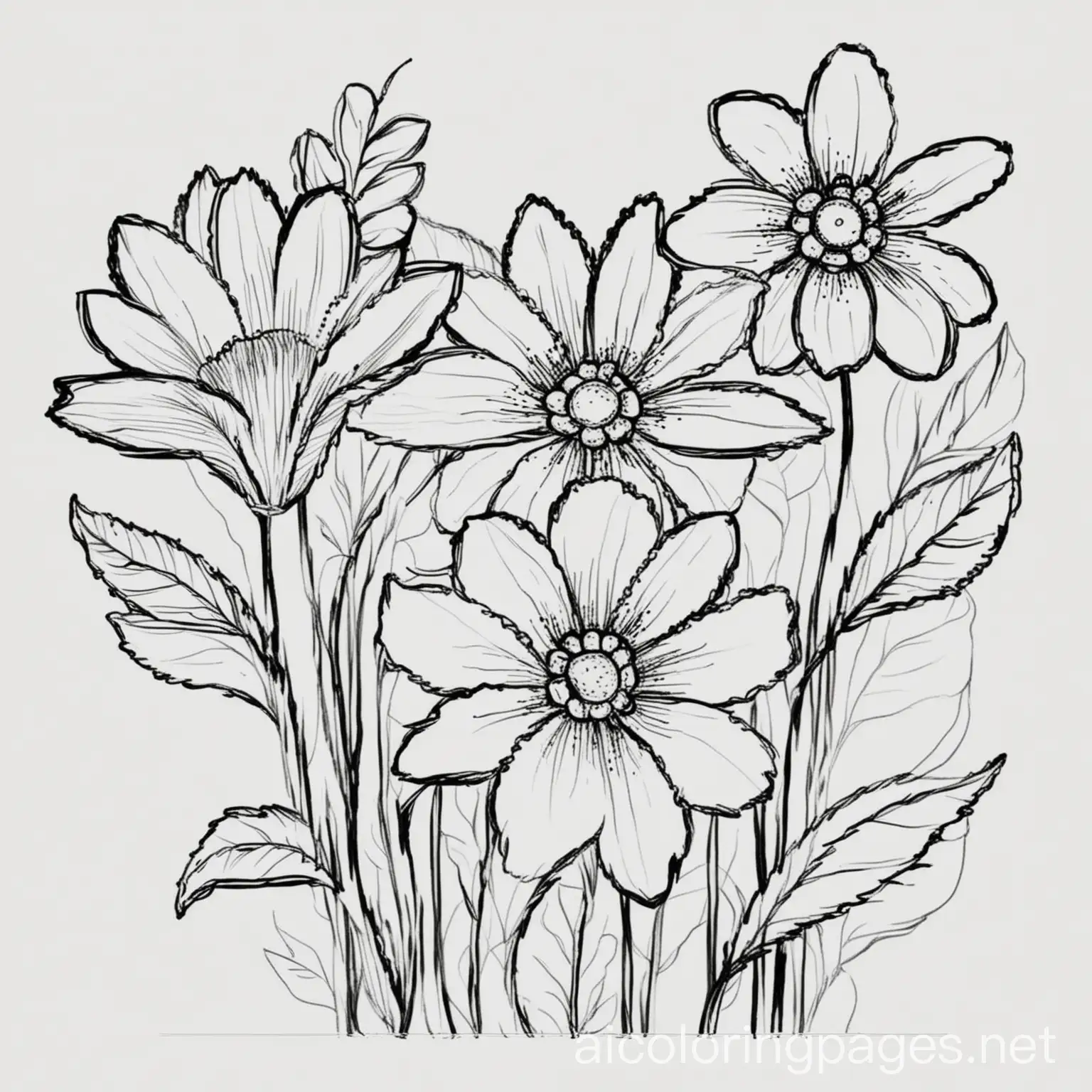 Outline of flowers, Coloring Page, black and white, line art, white background, Simplicity, Ample White Space. The background of the coloring page is plain white to make it easy for young children to color within the lines. The outlines of all the subjects are easy to distinguish, making it simple for kids to color without too much difficulty
