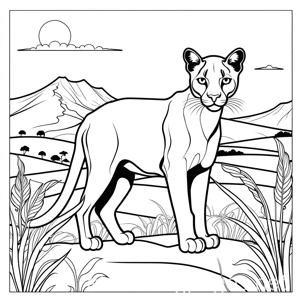 a cute puma in the savannah in black and white for coloring book, Coloring Page, black and white, line art, white background, Simplicity, Ample White Space. The background of the coloring page is plain white to make it easy for young children to color within the lines. The outlines of all the subjects are easy to distinguish, making it simple for kids to color without too much difficulty