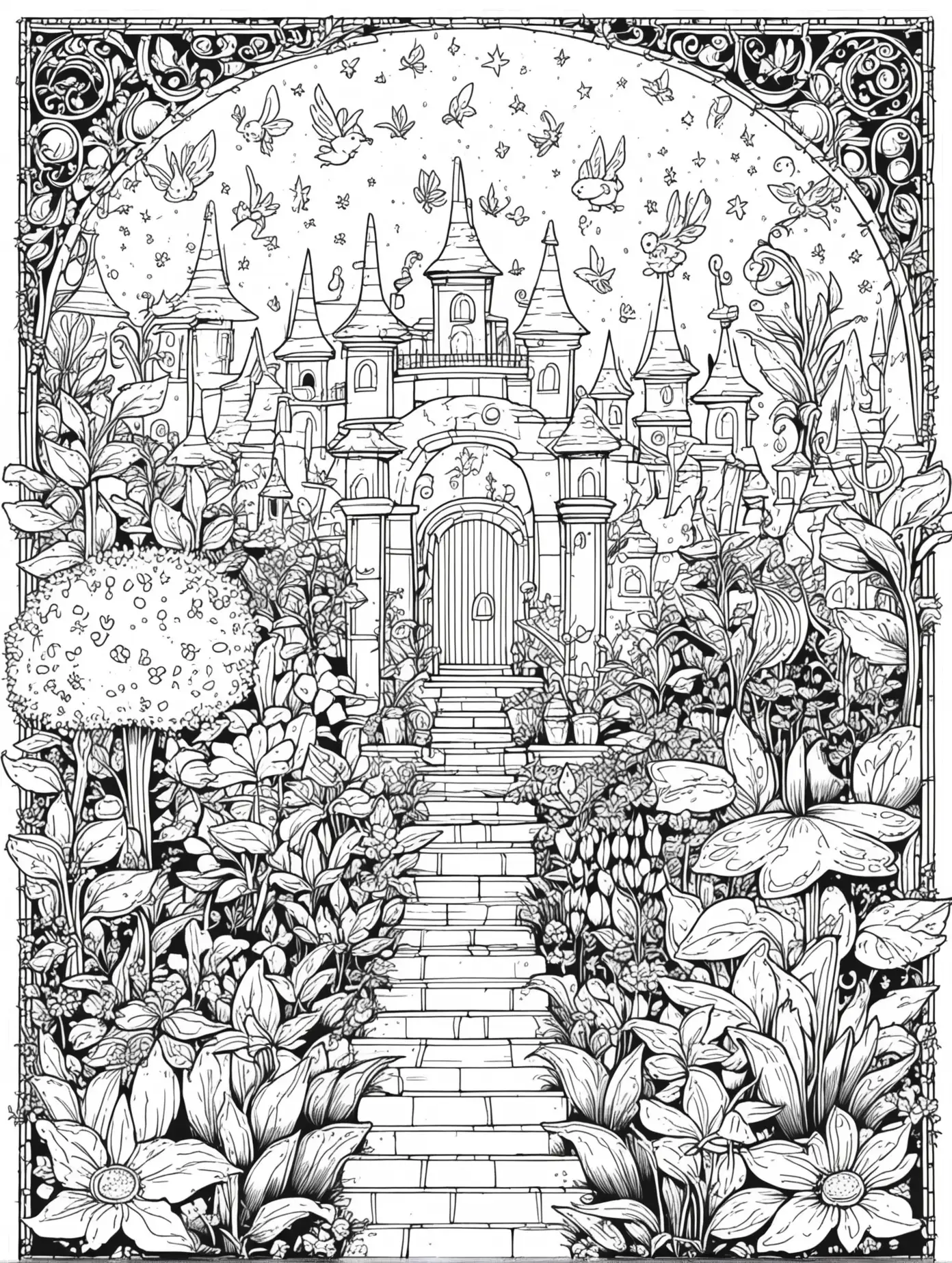 Magical fantasy garden white and black coloring pages cartoon style thin lines few details no background no shadows. 