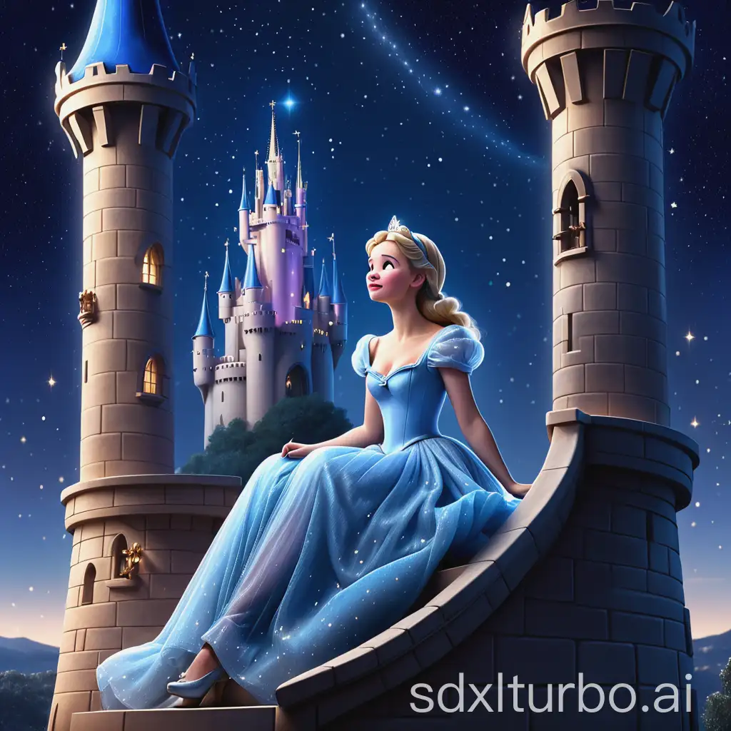 Cinderella sitting in a magical tower gazing out at the stars