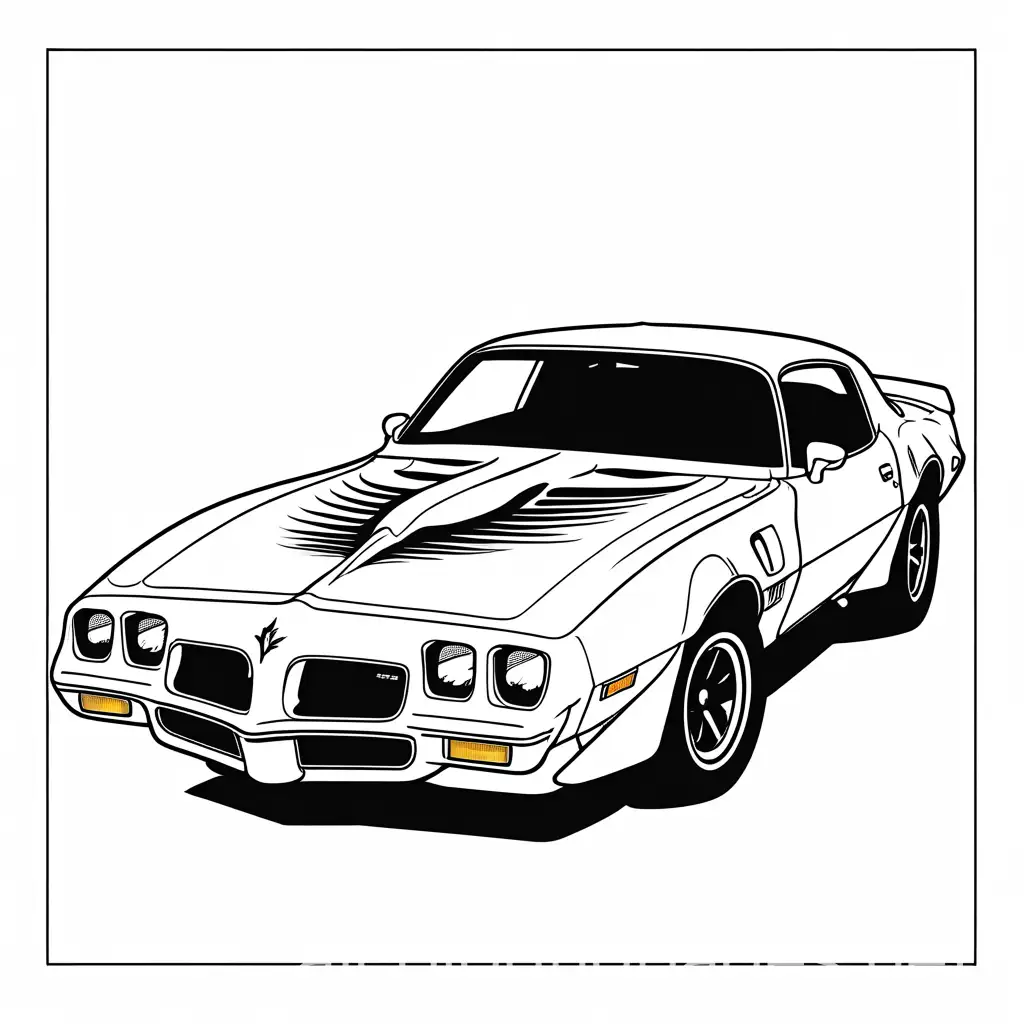 pontiac firebird 1978 trans am, Coloring Page, black and white, line art, white background, Simplicity, Ample White Space. The background of the coloring page is plain white to make it easy for young children to color within the lines. The outlines of all the subjects are easy to distinguish, making it simple for kids to color without too much difficulty