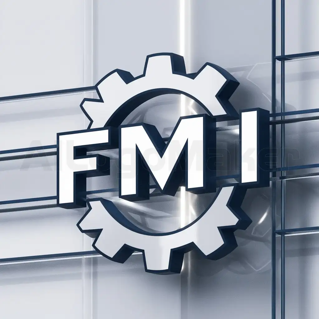 a logo design,with the text 'F M I', main symbol:logo with a gear, white and blue tones, large and modern logo,Minimalistic,be used in blue and white industry,clear background