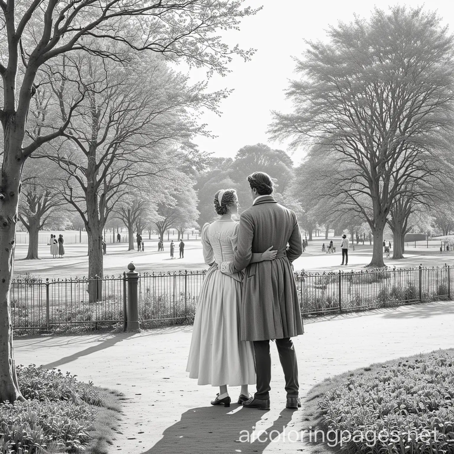 black and white outline of a couple standing in a park talking to each other, set in England in the 1750s, Coloring Page, black and white, line art, white background, Simplicity, Ample White Space. The background of the coloring page is plain white to make it easy for young children to color within the lines. The outlines of all the subjects are easy to distinguish, making it simple for kids to color without too much difficulty