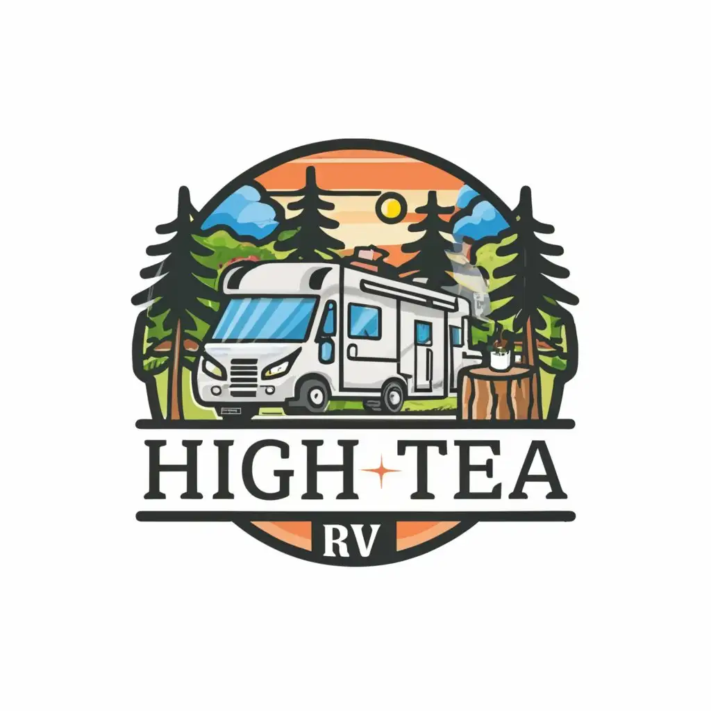 LOGO-Design-For-High-Tea-RV-Class-A-Motorhome-and-Coffee-Cup-in-Forest-Setting