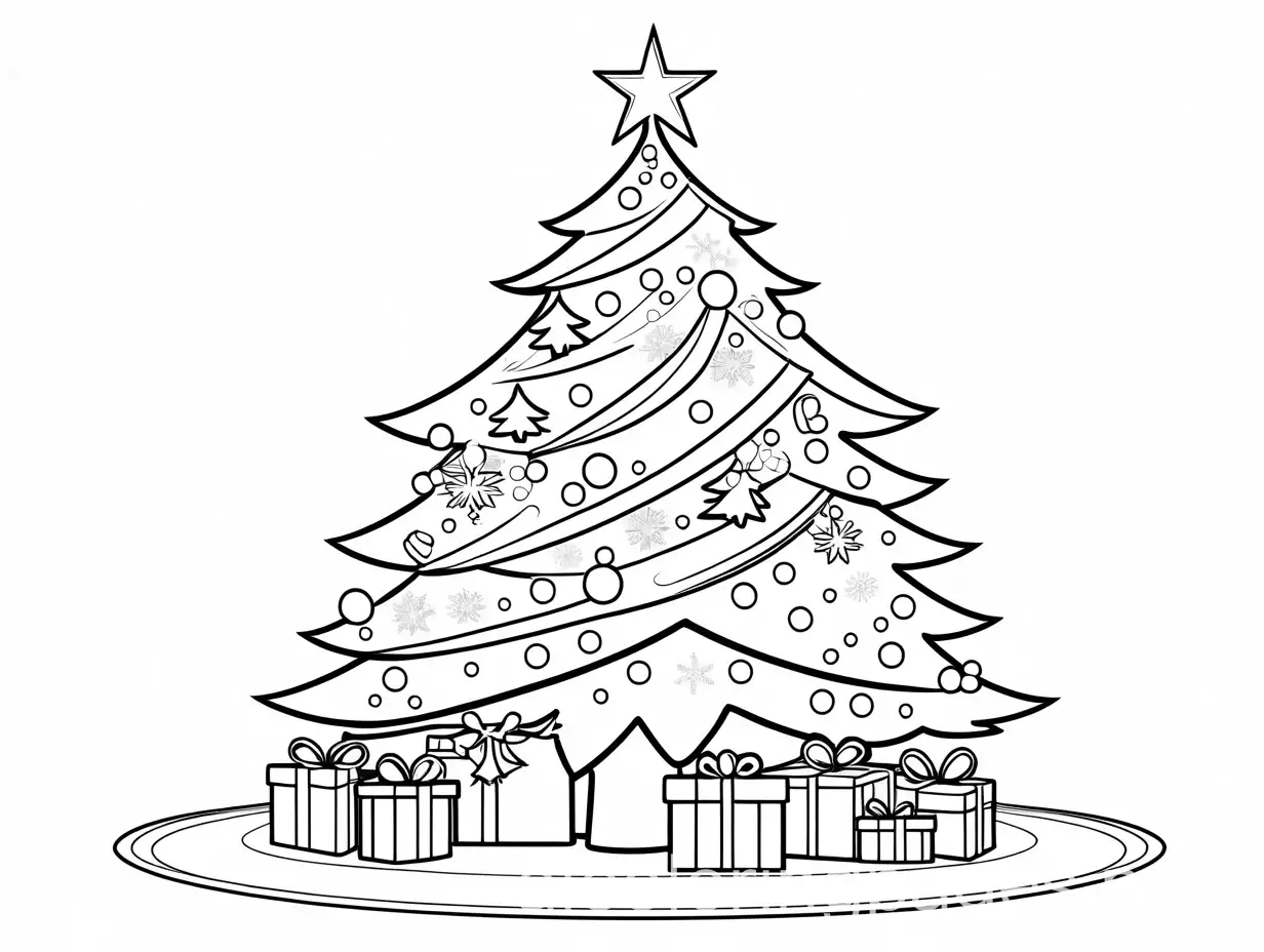 Christmas Tree decorated with a star on top, Coloring Page, black and white, line art, white background, Simplicity, Ample White Space. The background of the coloring page is plain white to make it easy for young children to color within the lines. The outlines of all the subjects are easy to distinguish, making it simple for kids to color without too much difficulty