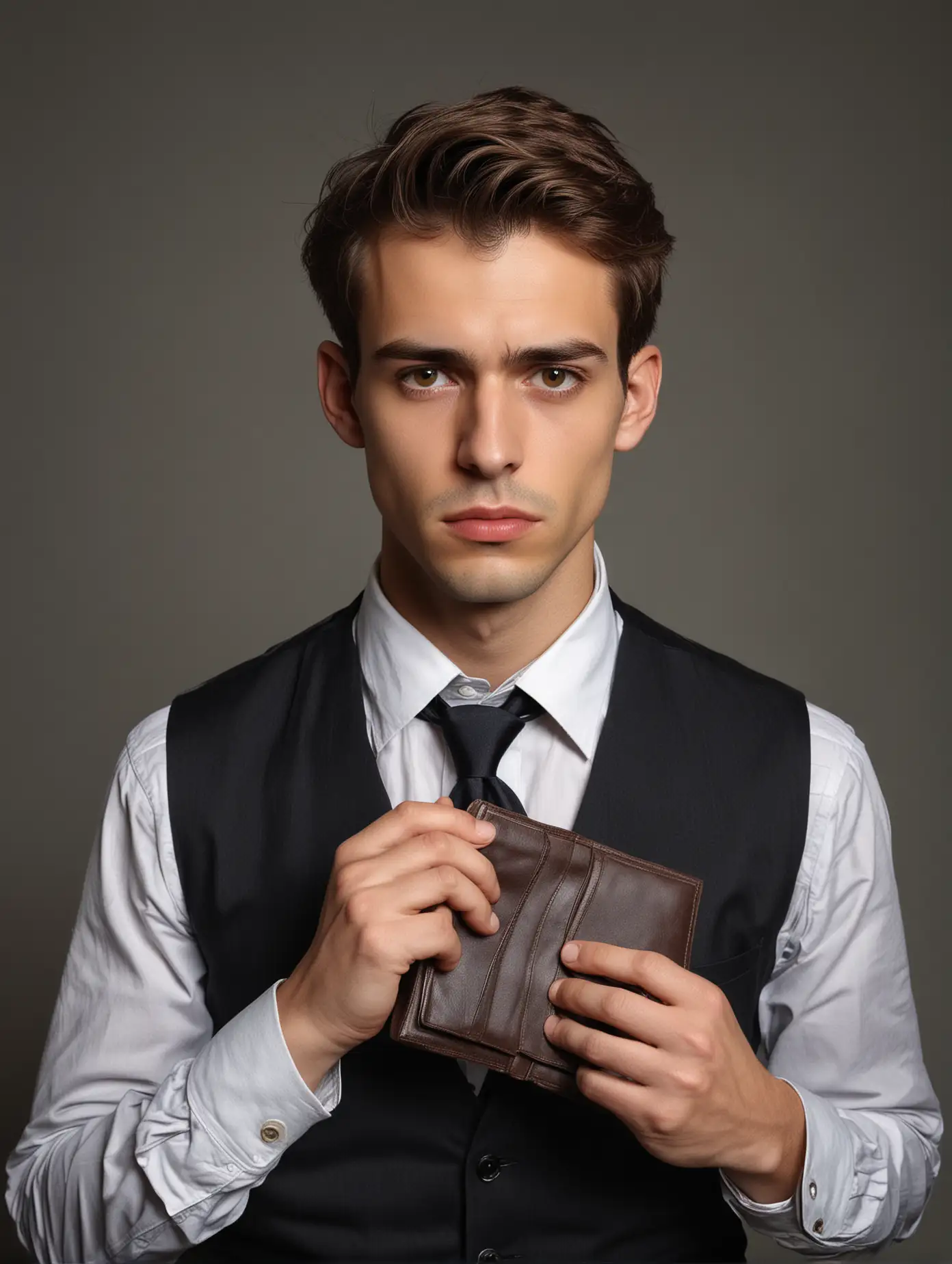 A handsome young man in business attire holding an open wallet with no money inside, standing against a gray background. He is looking at the camera and has brown hair styled neatly. The photo was taken from a front view with natural lighting that highlights his facial features. His expression shows anger or despair as he holds out the empty purse. The style of the photo is reminiscent of an early 20th century portrait in the style of Edward Steichen