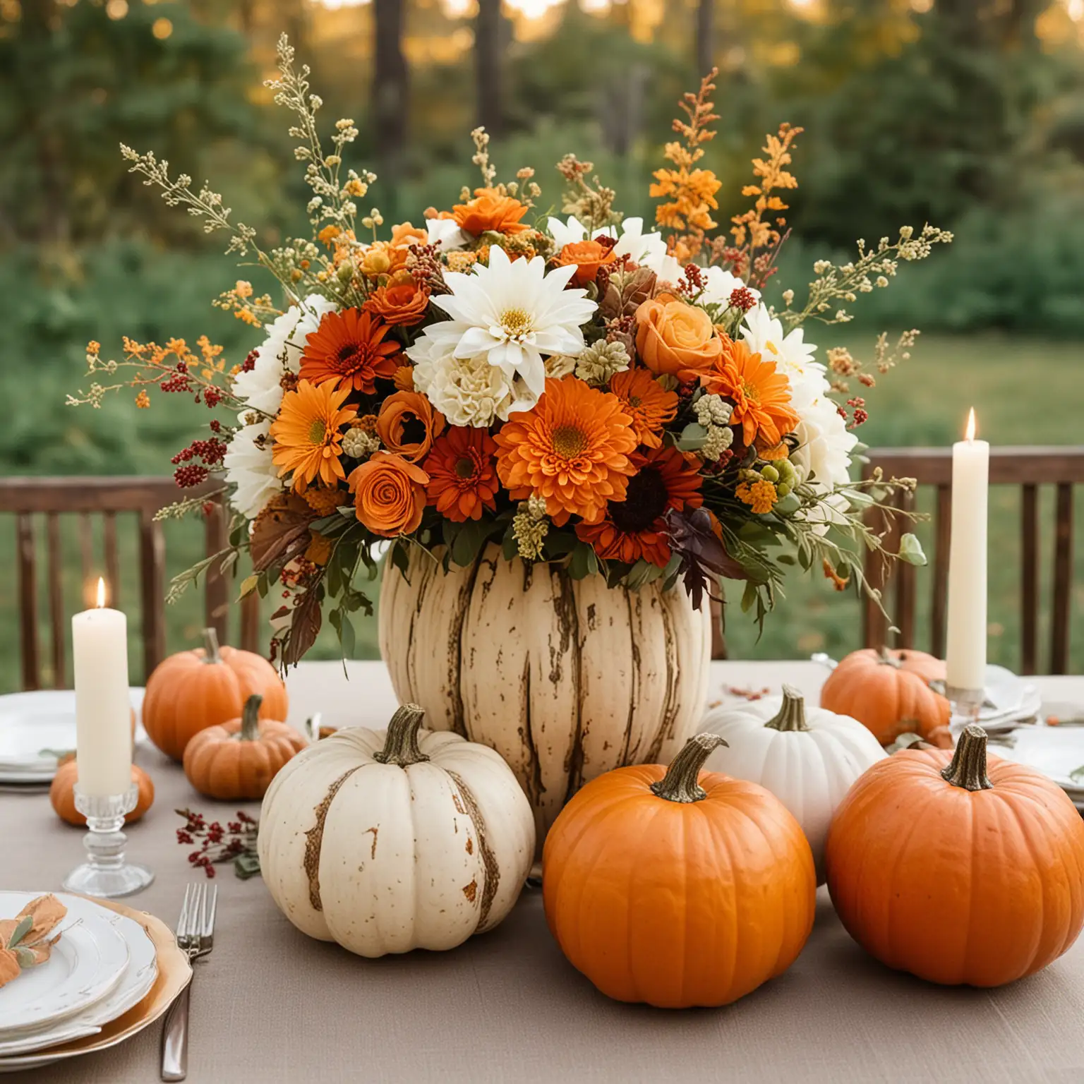 simple fall floral wedding centerpiece with using hollowed-out pumpkins as vases filled with fall flowers