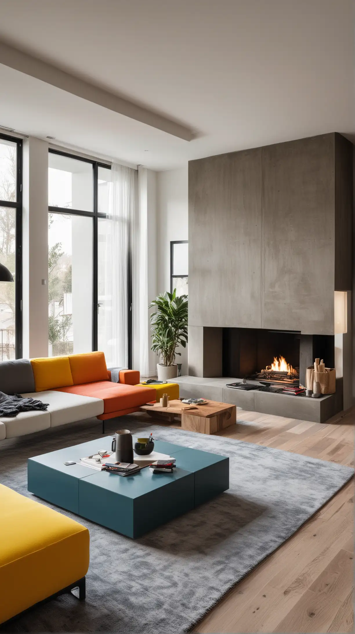 hochmodernes designer Wohnzimmer mit color blockig und vielen Oberflächen 

