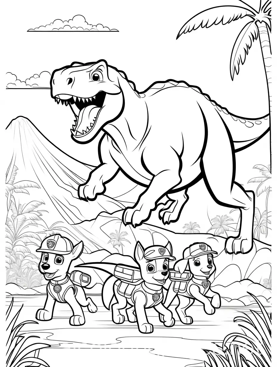paw patrol rescuing a Tyrannosaurus rex, Coloring Page, black and white, line art, white background, Simplicity, Ample White Space. The background of the coloring page is plain white to make it easy for young children to color within the lines. The outlines of all the subjects are easy to distinguish, making it simple for kids to color without too much difficulty