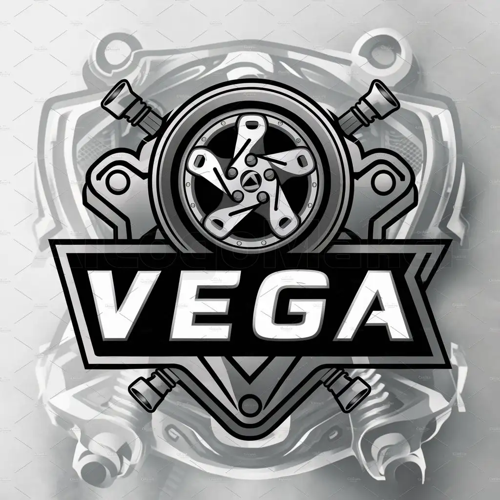 a logo design,with the text "Vega", main symbol:american style, grommets, screws, keys, engine,Moderate,be used in Automotive industry,clear background