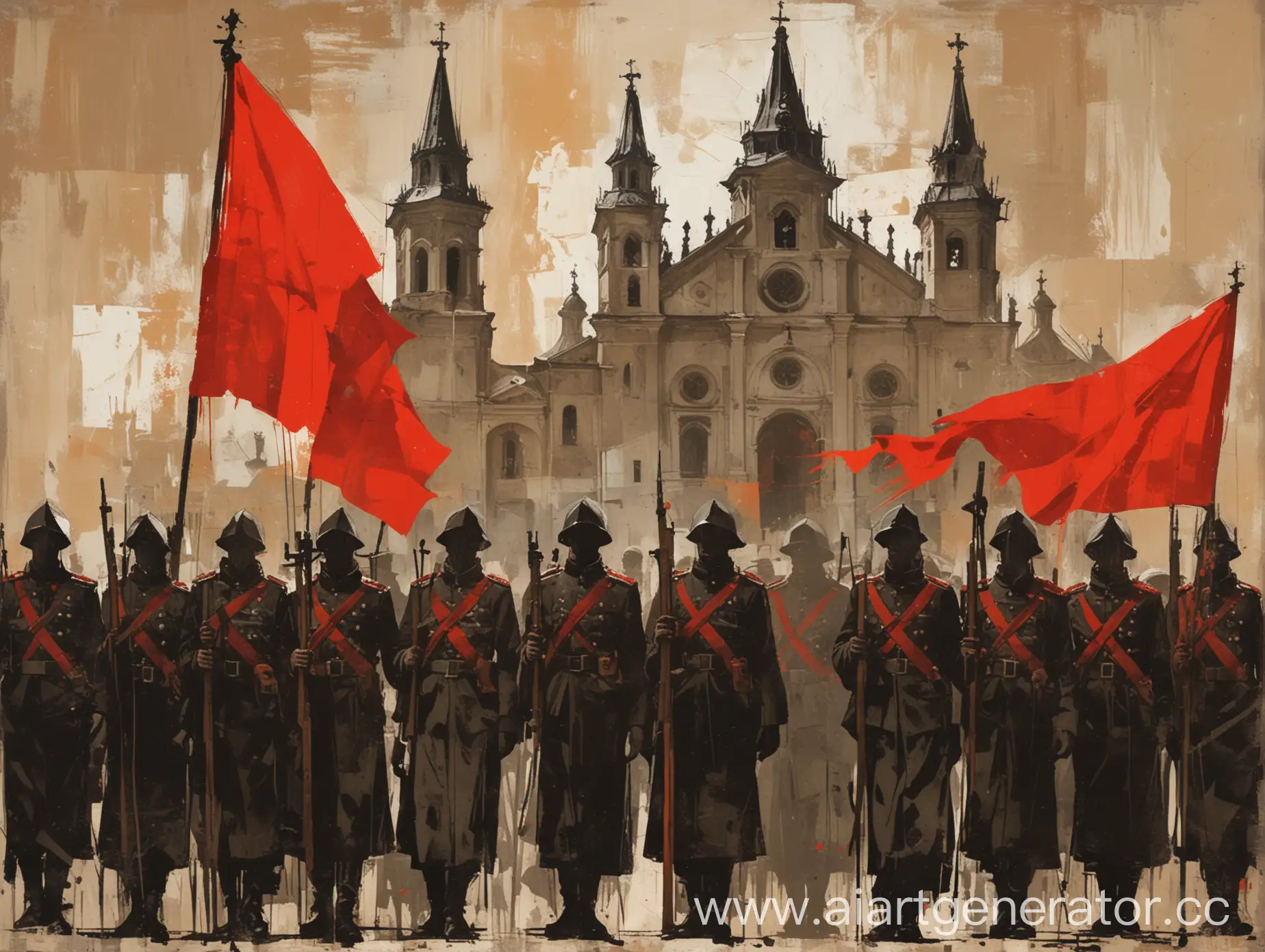 Abstract expressionist background with split color palette symbolizing old and new world, silhouettes of church, bourgeois, lady on one side, figures of 12 
red army soldiers on the other side, Christ figure in the center with a red flag