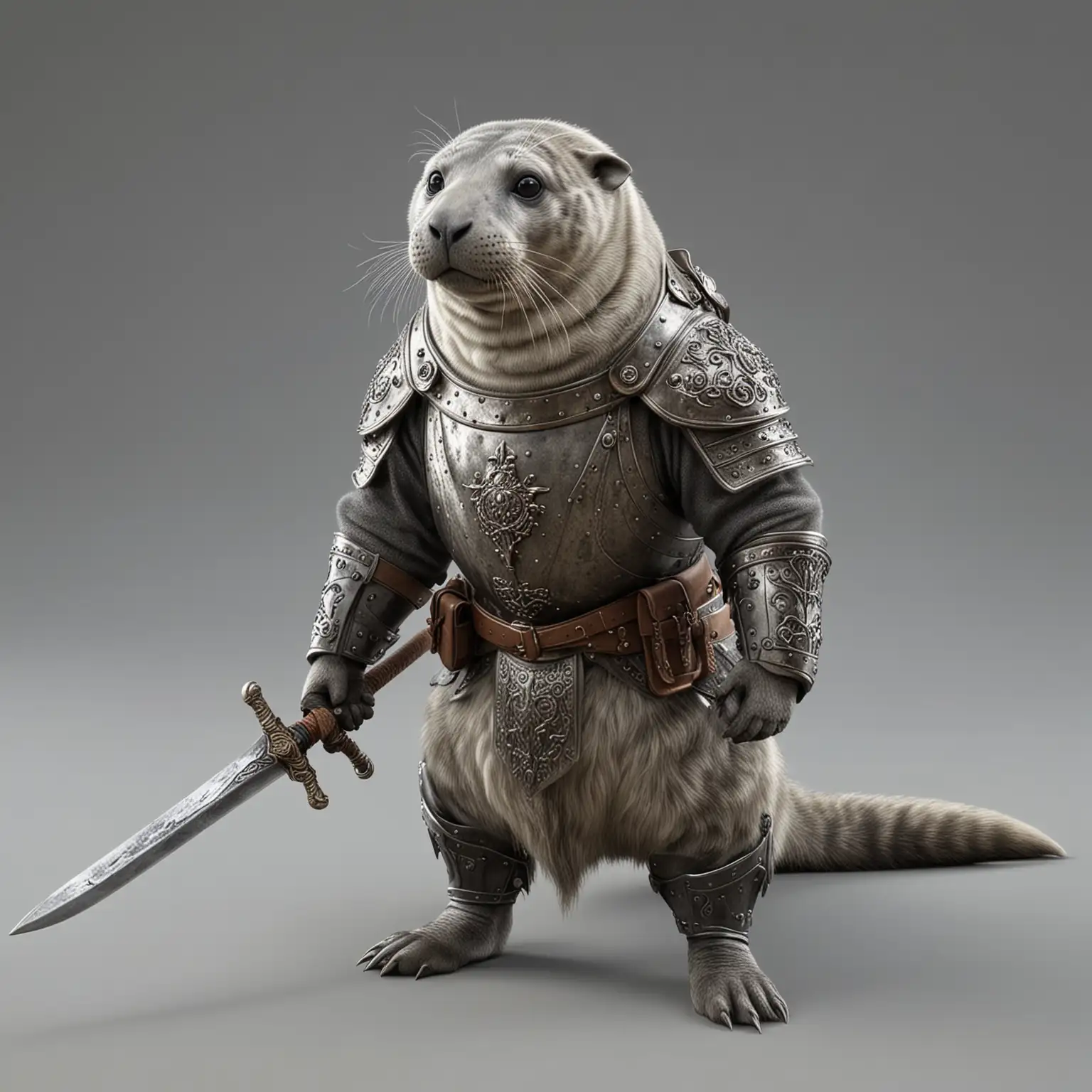 реалистичный  милый  сизый тюлень-воин в средневековых латах стоит  в полный рост прямо с задними лапами на полу , передние лапы держат меч
