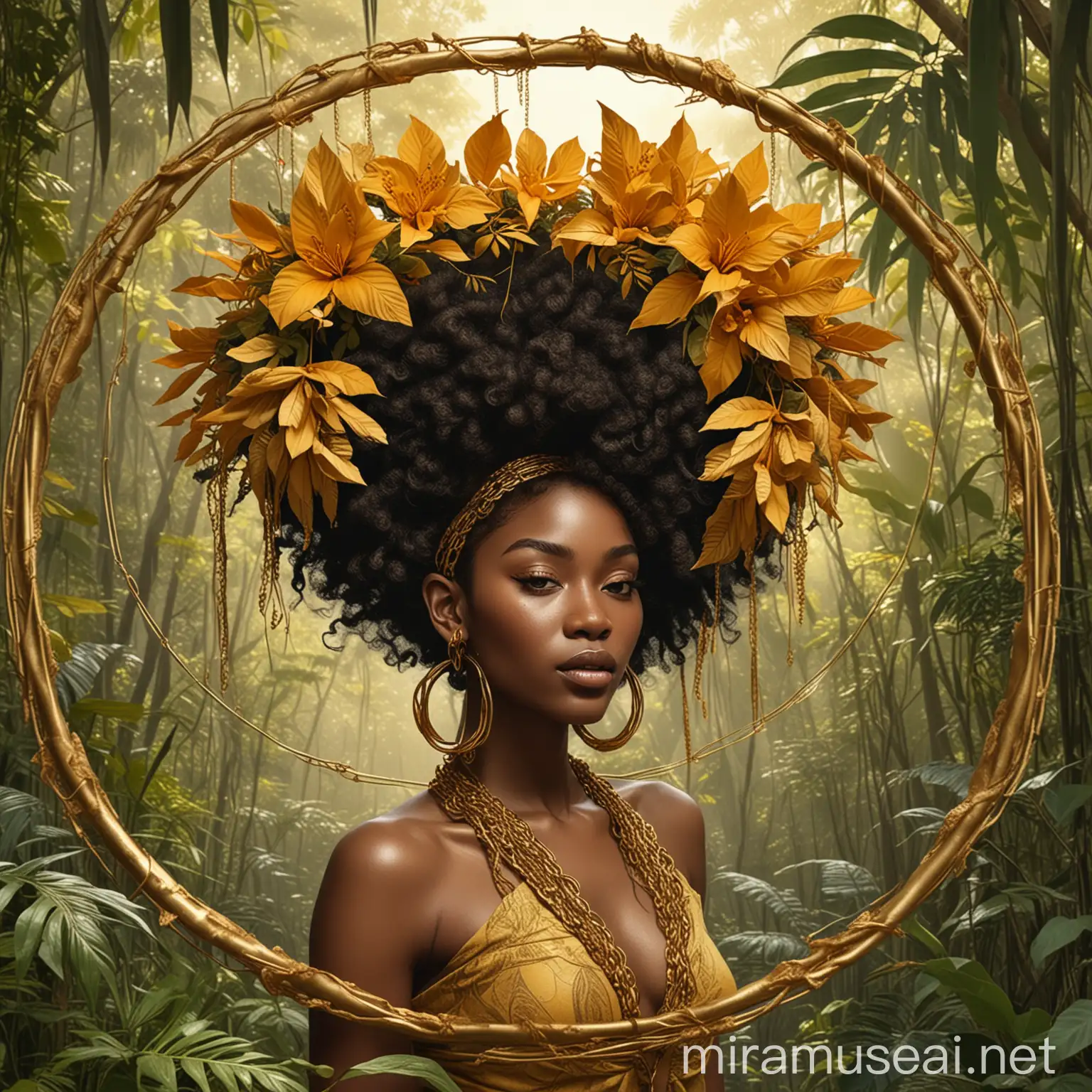 The requested digital collage art will feature an image of a black woman adorned with golden strings in her hair, wearing large golden hoop earrings, standing in the cool breeze of the jungle with her head held high, enjoying the infinite freedom and power she feels within. The color palette I have in mind for this design includes:  Golden Jewel Color: 