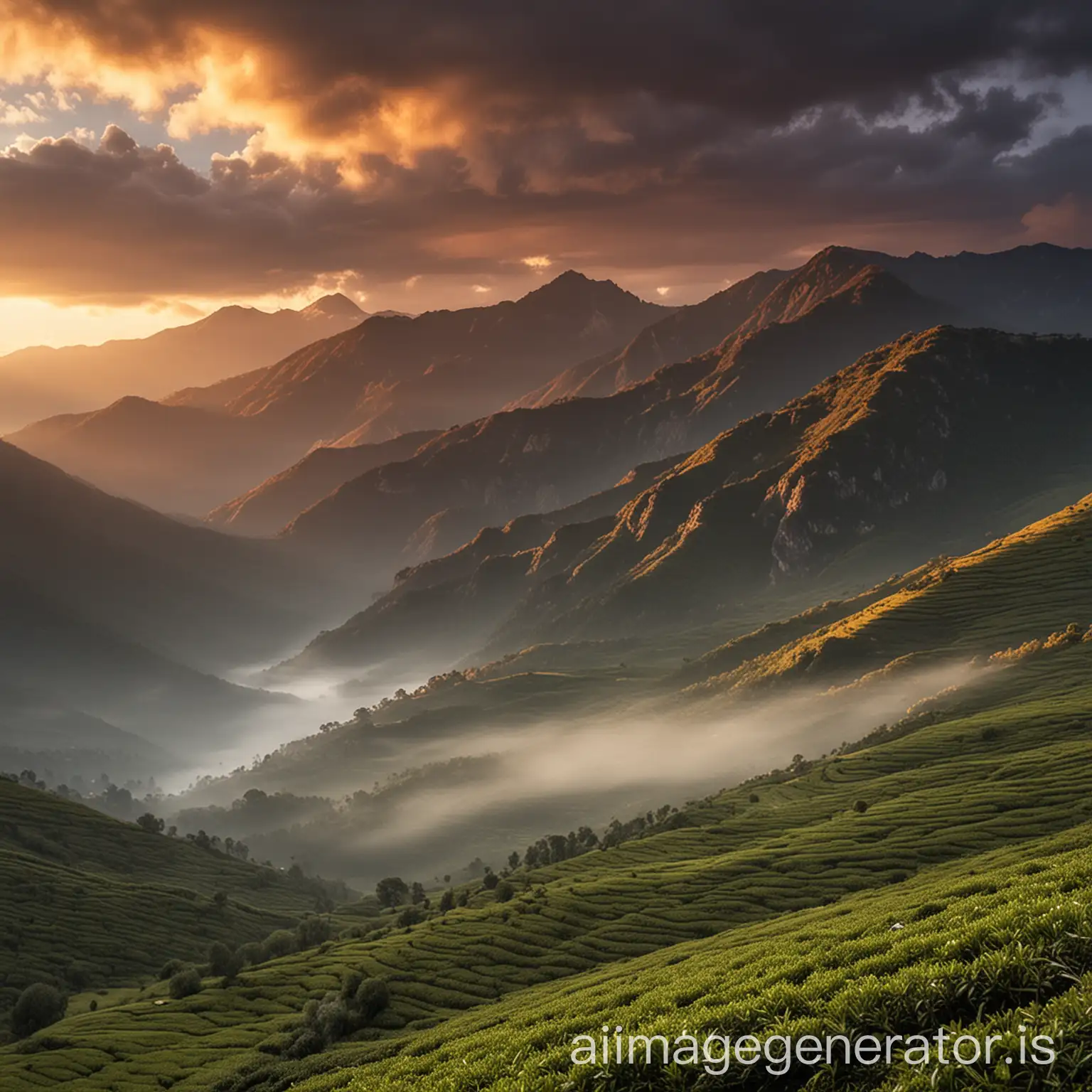 Mountains producing tea, back of moutains sunrises and lighting and clouds