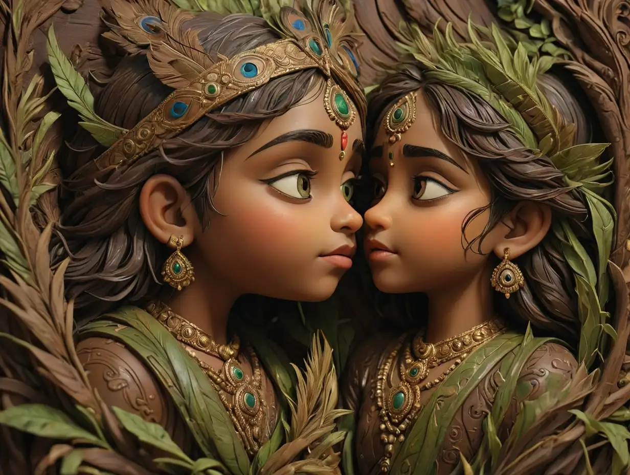 Face close-up of child Krishna and Radha kissing each other on lips carved on dark brown matt finish wood, intricate, highly detailed, peacock feather shown, green creepers and hay grass around, natural look, subtle colours, dramatic illumination, HD quality