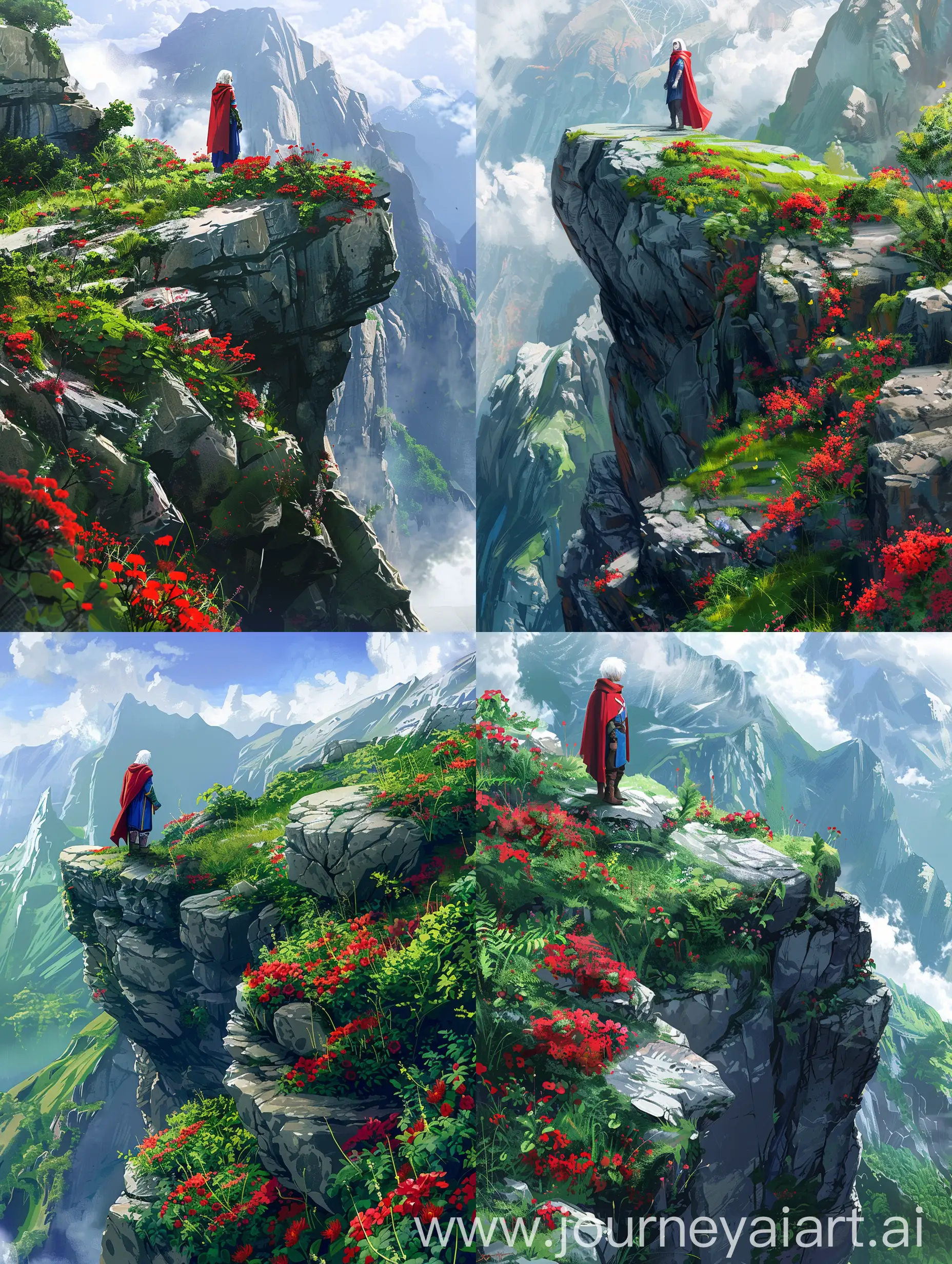 Digital painting of medieval warrior stands on the edge of a rocky mountain, surrounded by lush greenery and vibrant red flowers. The warrior wears a red cloak and blue attire, their white hair contrasting against the natural backdrop. . The rocky cliff extends into the distance, adorned with green grass and bright red blooms. Beyond the cliff, majestic mountains rise, their peaks disappearing into fluffy white clouds. The overall atmosphere is serene and awe-inspiring.