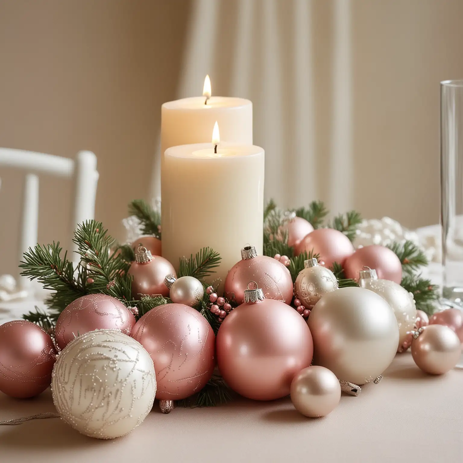 simple elegant winter wedding centerpiece with cream and blush pink ornaments; nothing else in photo; keep background neutral