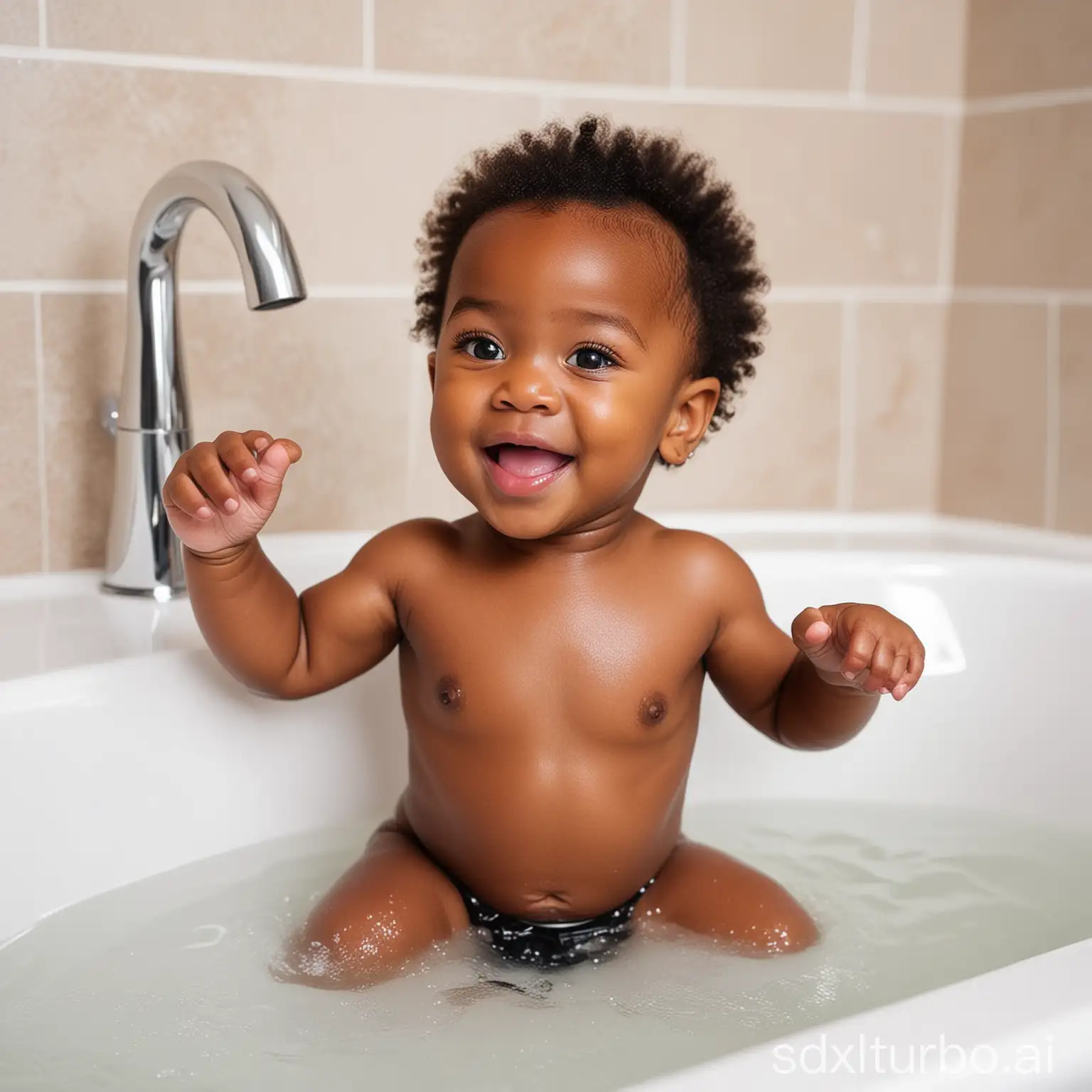 Cute black baby playing in the bathtub