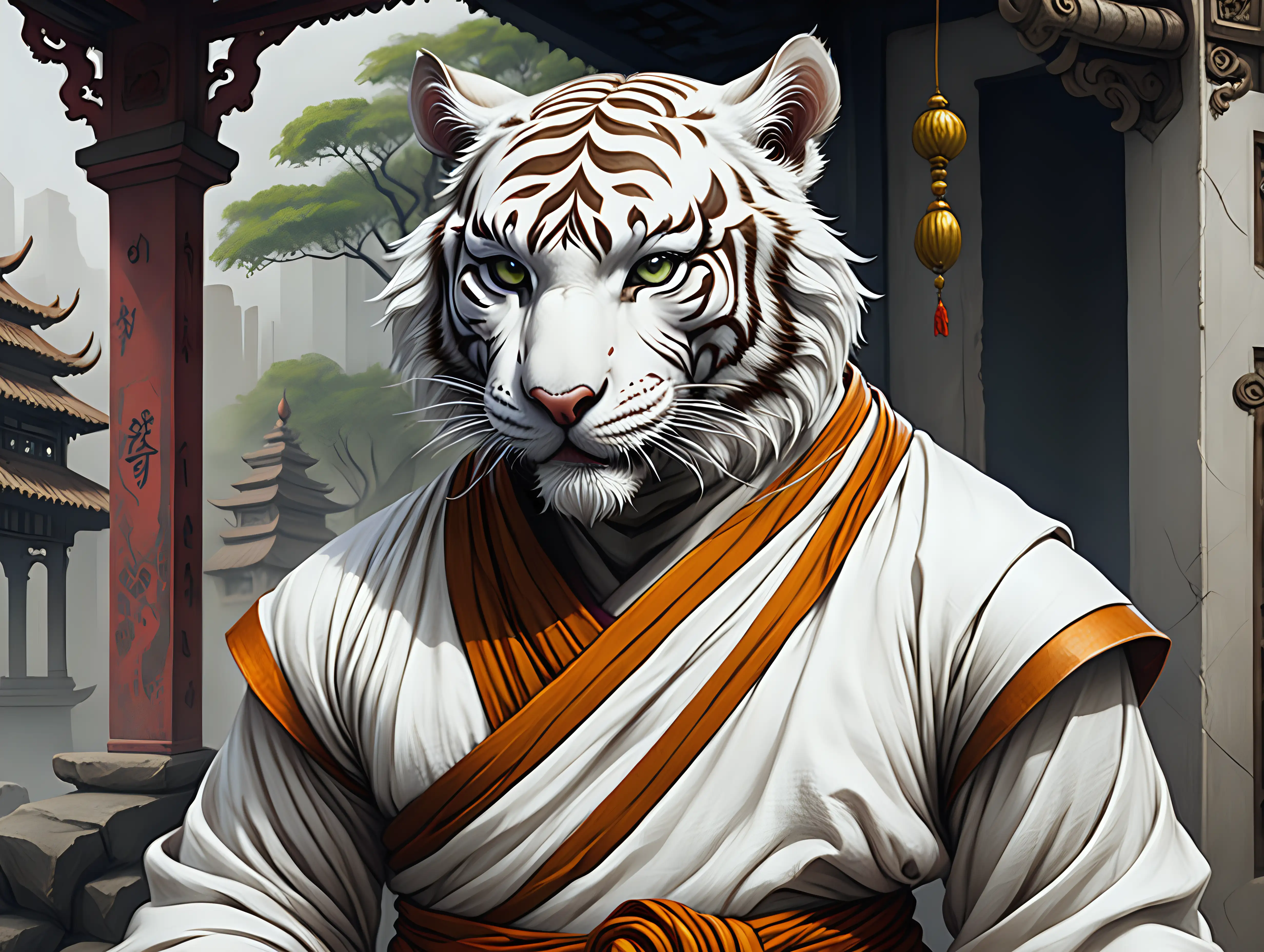 An anthropomorphic white tiger dressed as a monk