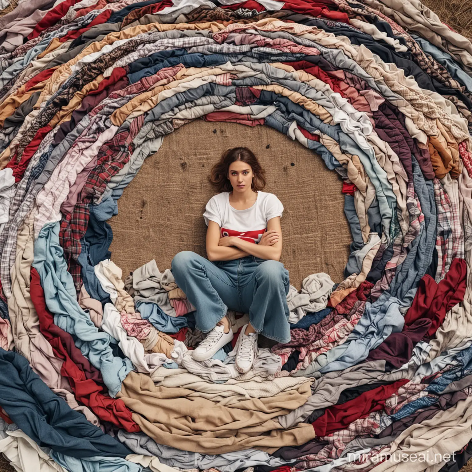 woman sitting on a pile of clothes
wide shot camera angle
recycling symbol should be included