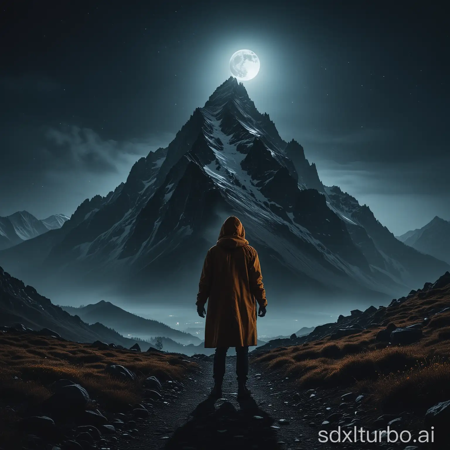 Create a square, 1:1 aspect ratio, high definition, scary image of a mountain scary story. The image must be photorealistic, mysterious, realistic people, scary stranger, weird, horror, scary, atmospheric, moonlight, vivid colors, catchy, must pop and catch attention. Shot on Sony Alpha a7R, 80mm.