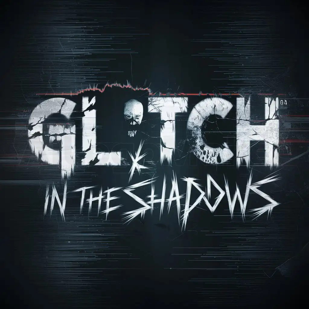 a logo design,with the text "Glitch in the Shadows", main symbol:Logo Concept: For the logo, imagine a dark, eerie design with glitch effects to give it a disturbing, otherworldly feel. Here's a detailed description of the logo:nnFont: Use a distorted, glitchy font for the text 'Glitch in the Shadows'. The letters should appear as if they are flickering and partially disintegrating.nColor Scheme: Utilize a monochromatic color scheme with shades of black, grey, and white, and include occasional red accents to highlight the horror aspect.nImagery: Incorporate a silhouette of a shadowy figure or a distorted face within the letters. The background can have static noise or digital interference patterns to emphasize the glitch theme.nAdditional Elements: Add subtle details like broken glass, scratches, or handprints to create a sense of unease and danger.,Moderate,be used in horror game industry,clear background