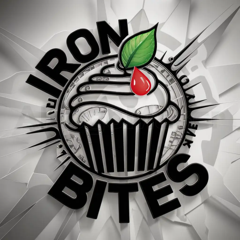 a logo design,with the text "IRON BITES", main symbol:cupcake WITH A GREEN LEAF AND A DROP OF BLOOD,complex,be used in Restaurant industry,clear background