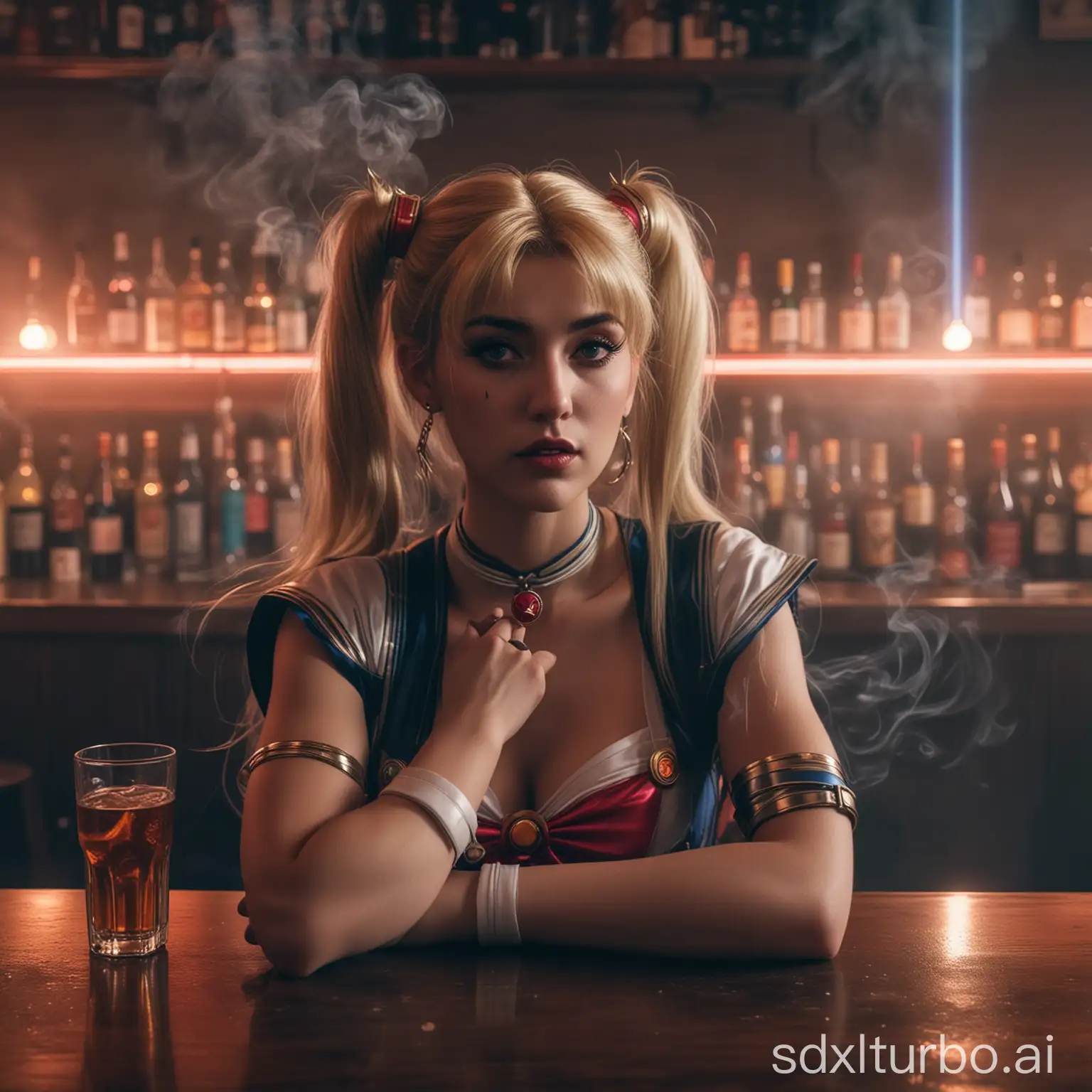 photo of sailor moon at the bar counter, smoking, looking sad. Dark cyberpunk ambient, heavy smoke and lasers on the air