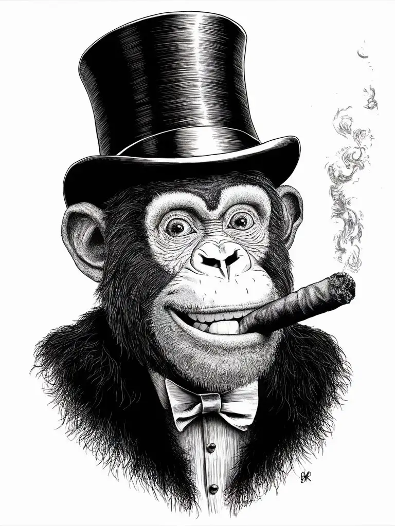 Coloring page, Chimp with top hat, smoking cigar. funny face, Without shadows. hyper detailed, black outline, without colors and big details. White background